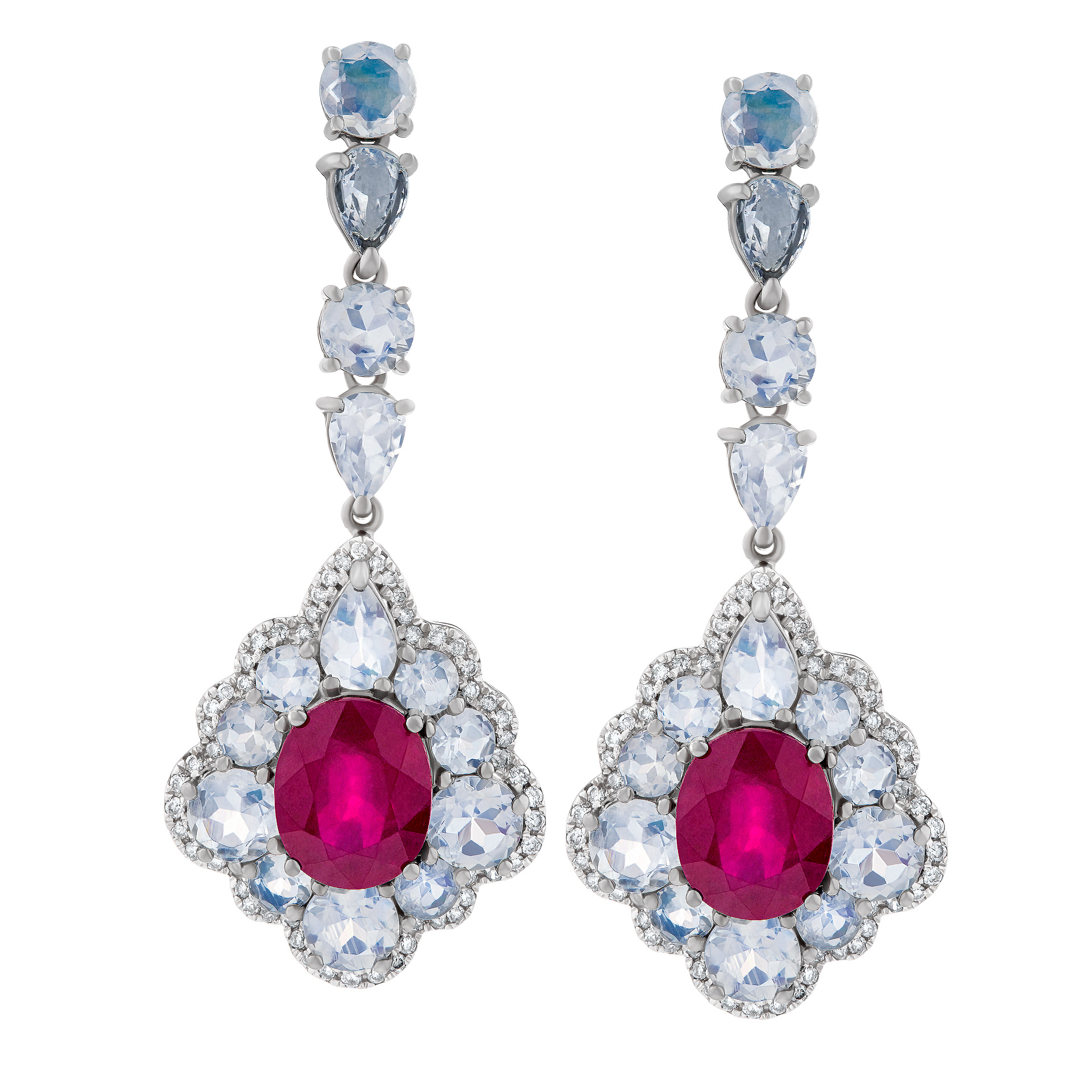 Ruby, diamond and moonstone earrings n 18k white gold