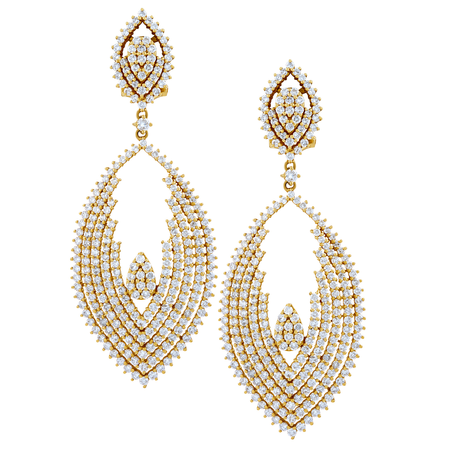 Ladies diamond dangle earrings set in 18k yellow gold. 7.32 carats in diamonds