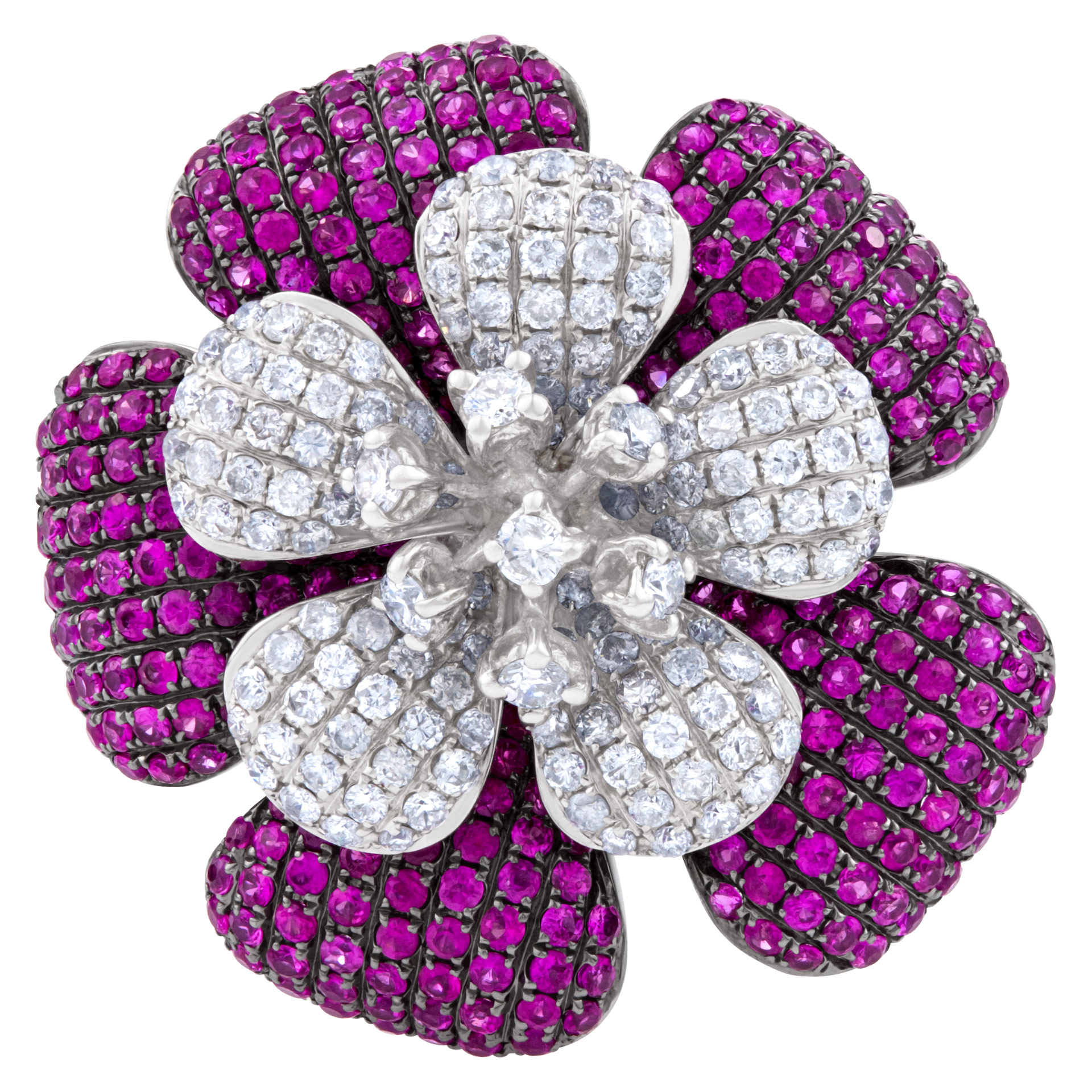 Ladies magnificant ruby and diamond flower ring set in 18k white gold