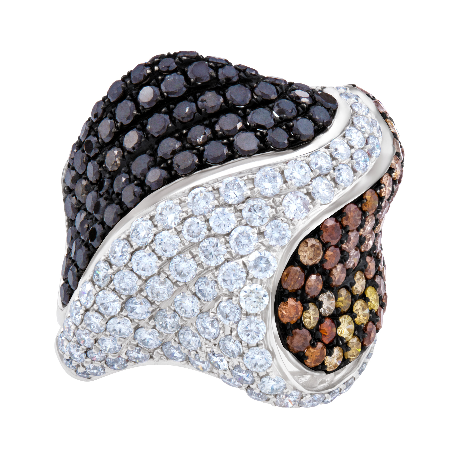 Fancy ring with black, white, yellow, brown & orange diamonds in 18k white gold. 5.45cts