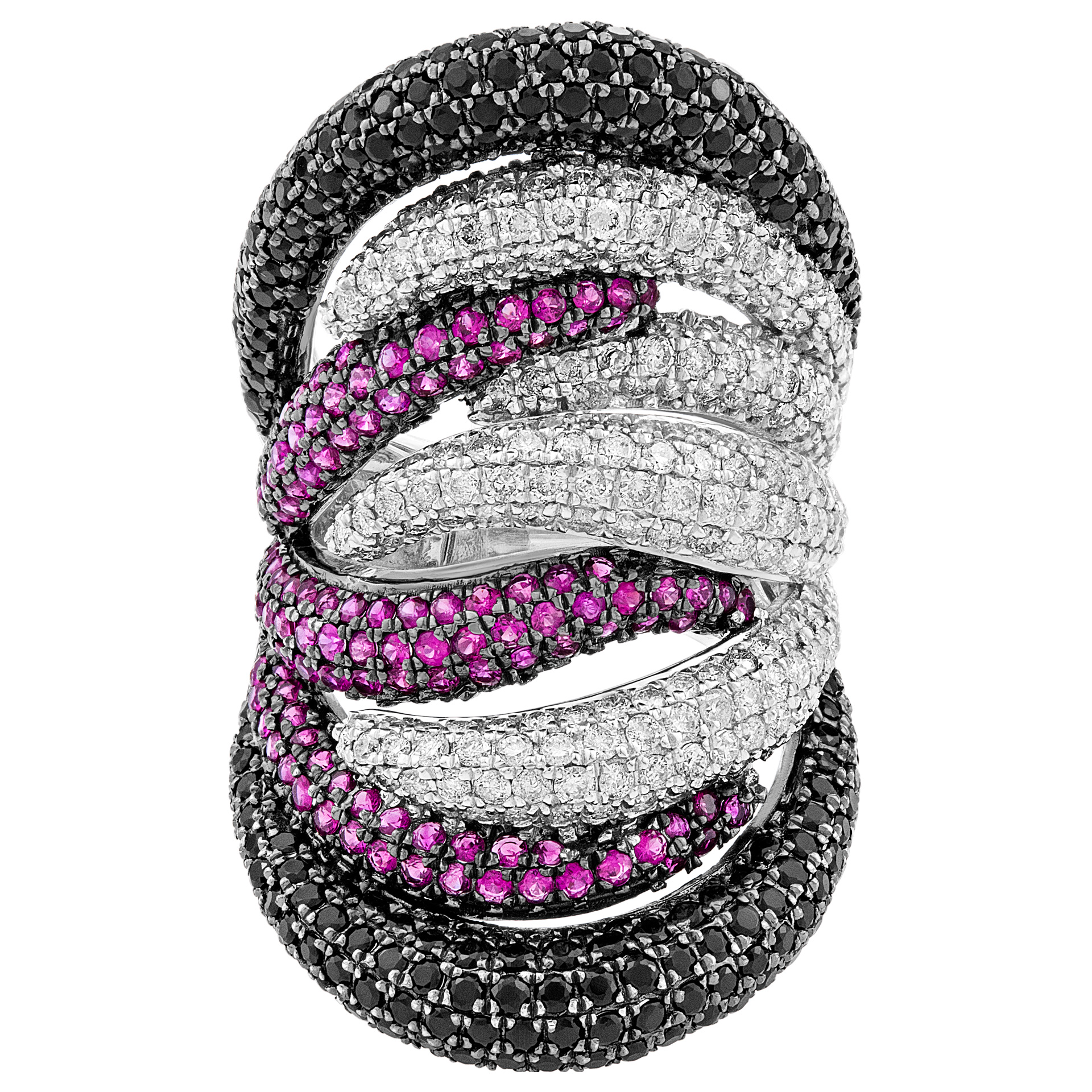 Diamond, ruby and sapphire ring in 18K white gold