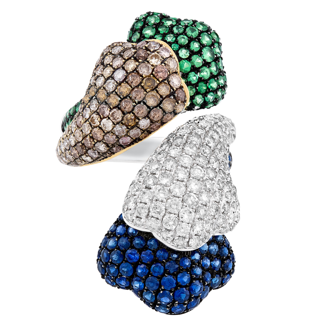 Colorful diamond, sapphire and green garnet ring in 18K white gold