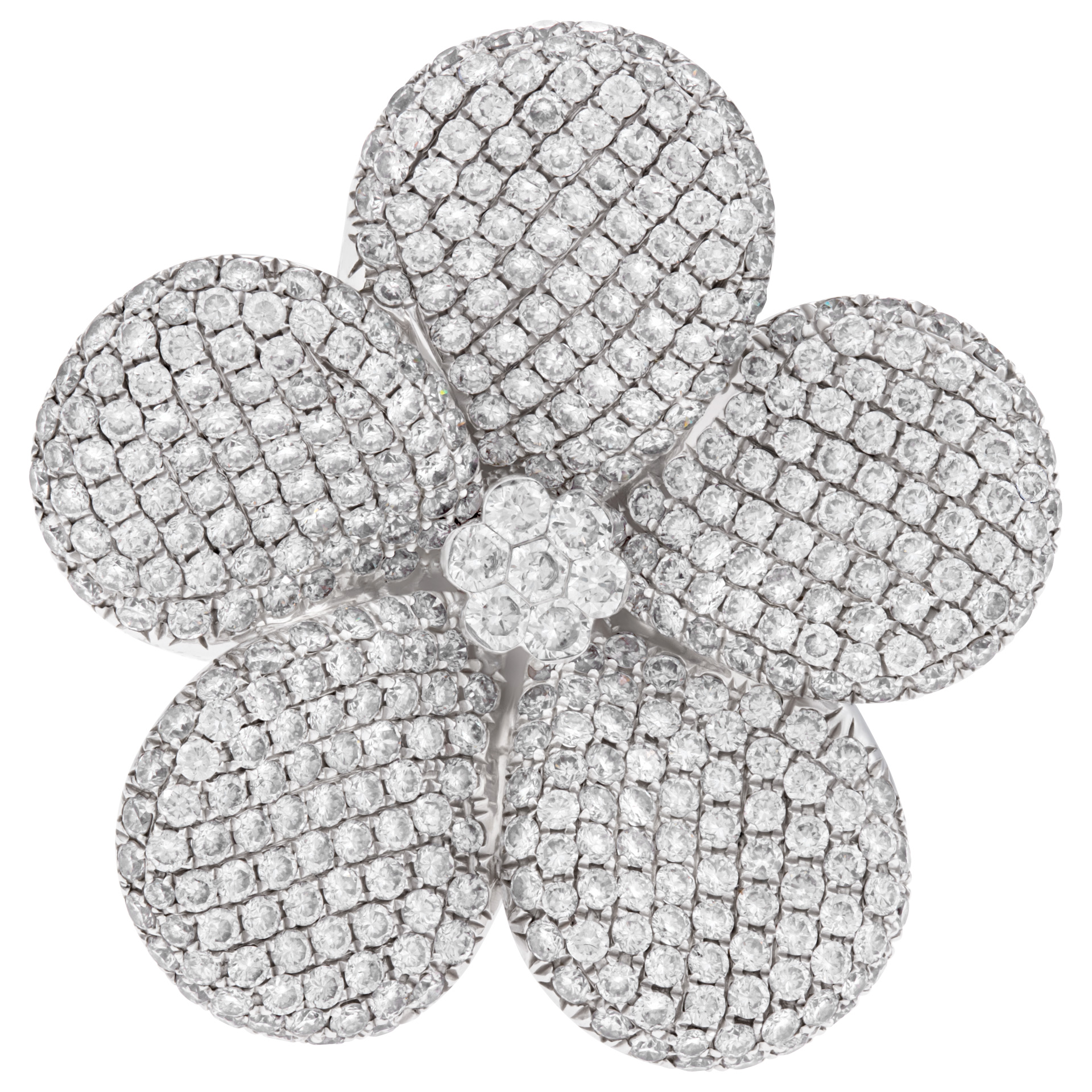 Pave diamond flower ring in 18k white gold w/ approx. 4.92 carats in round white diamonds