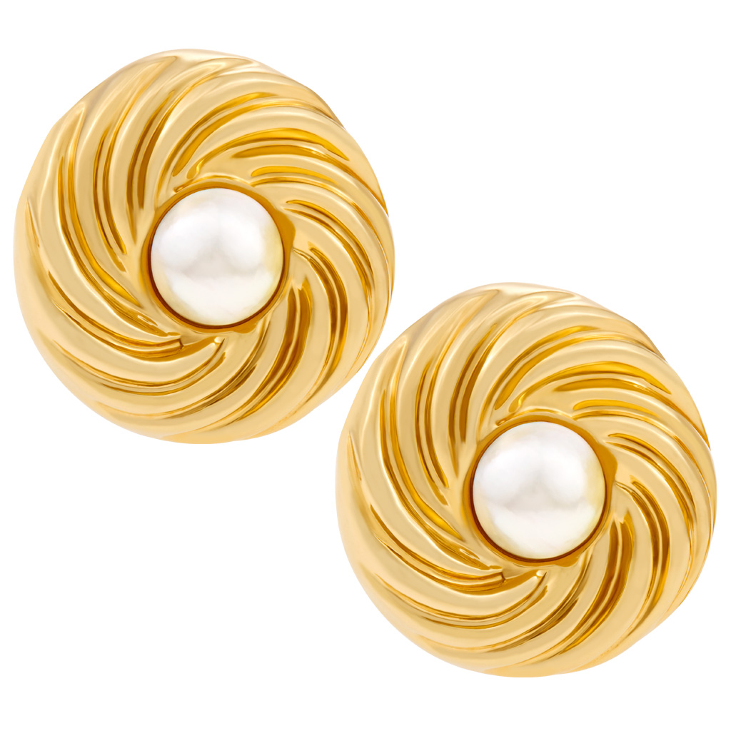 18k Yellow Gold Sunburst Pearl Clip-On Earrings