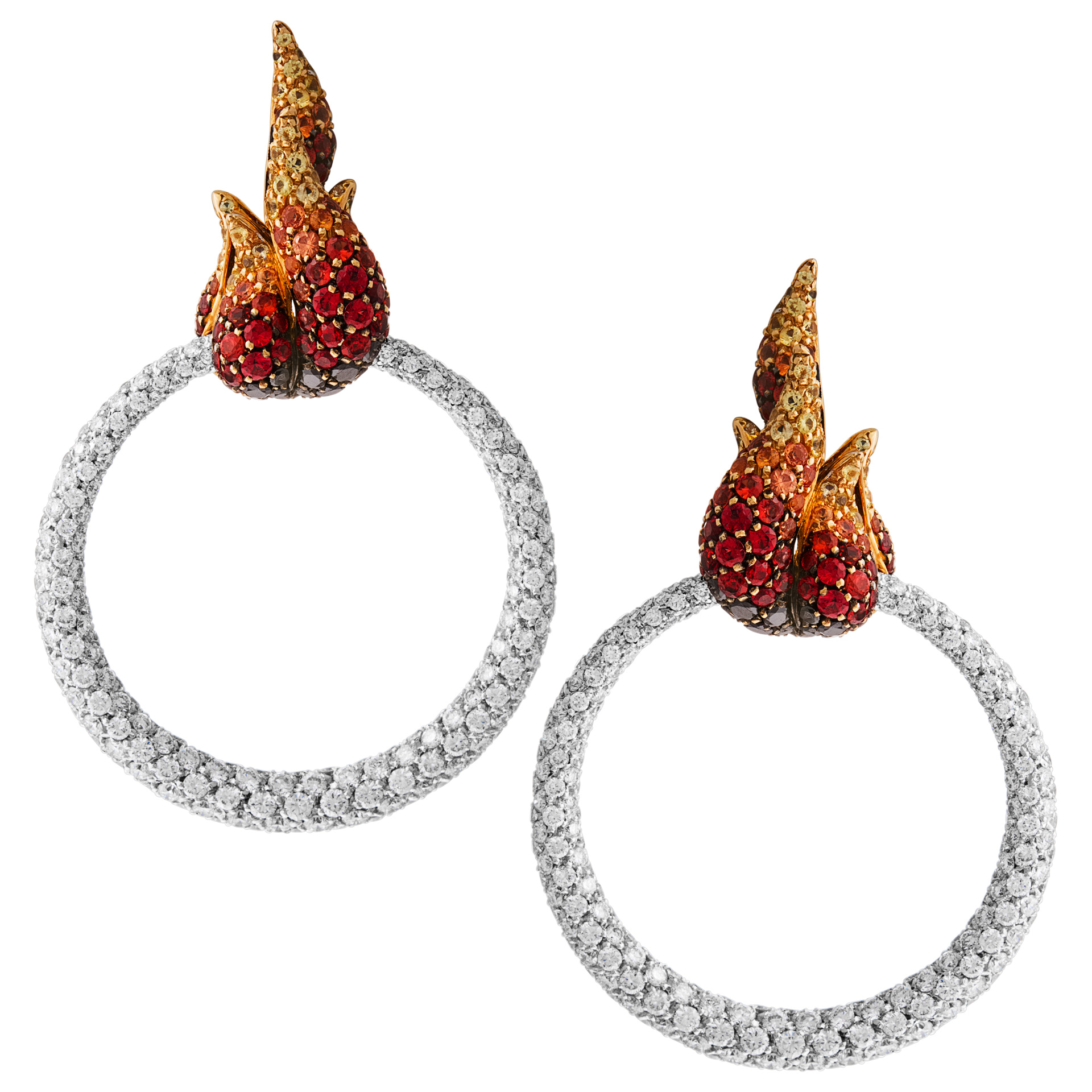 18k white and yellow gold pave diamond hoop earrings with graduating flames in multi color sapphires