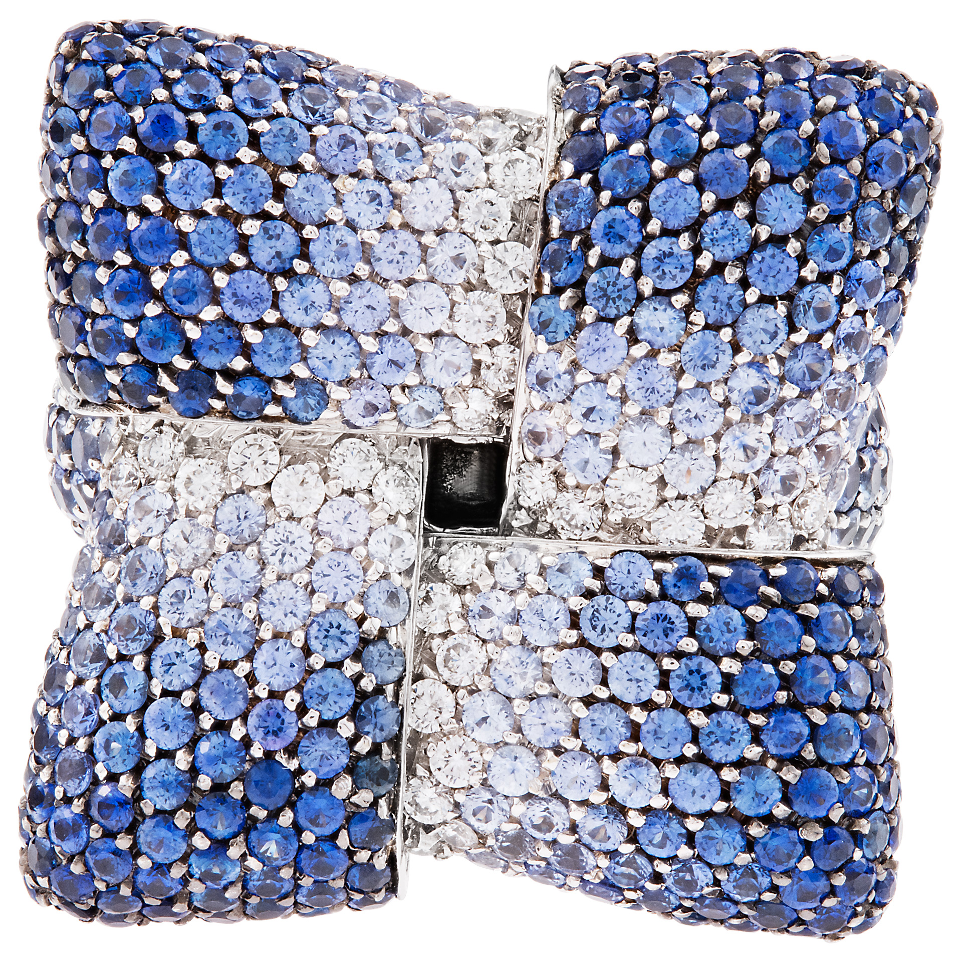 18k white gold pave diamond knot ring with sapphires running from deep blue to light blue.