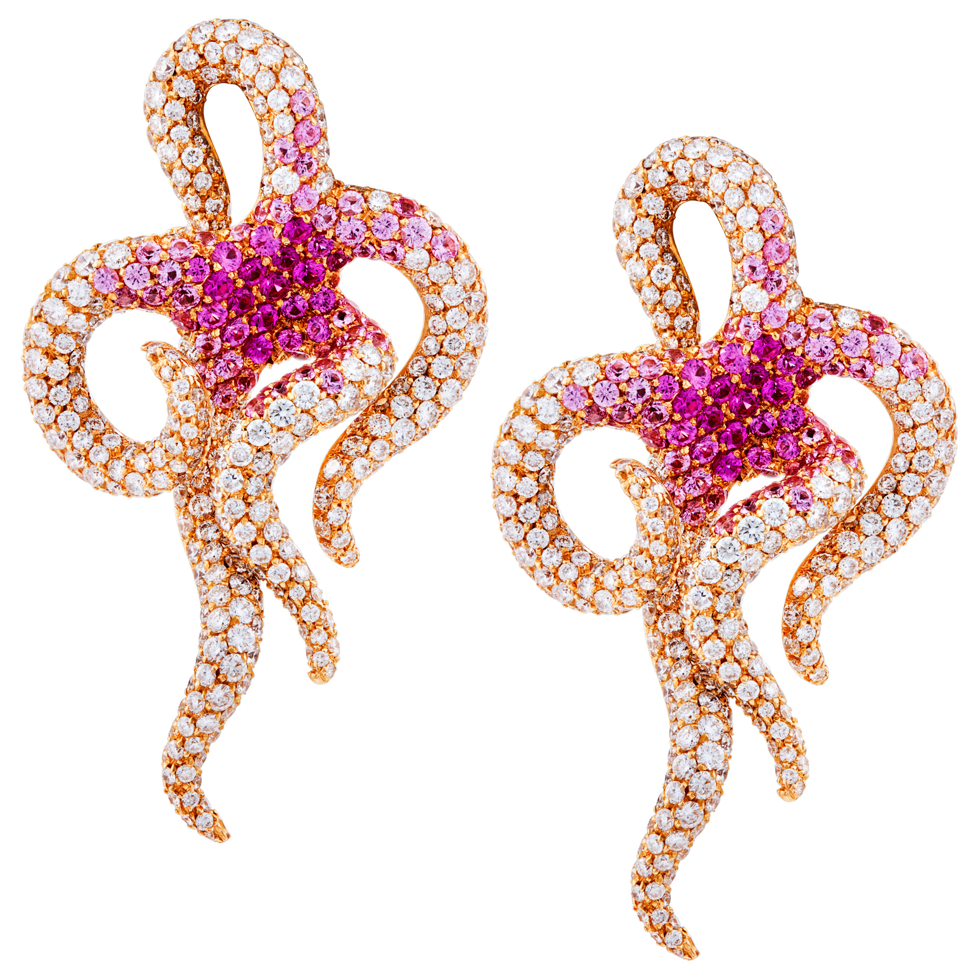 18k rose gold tentacle pave diamond designer earrings with pink sapphires