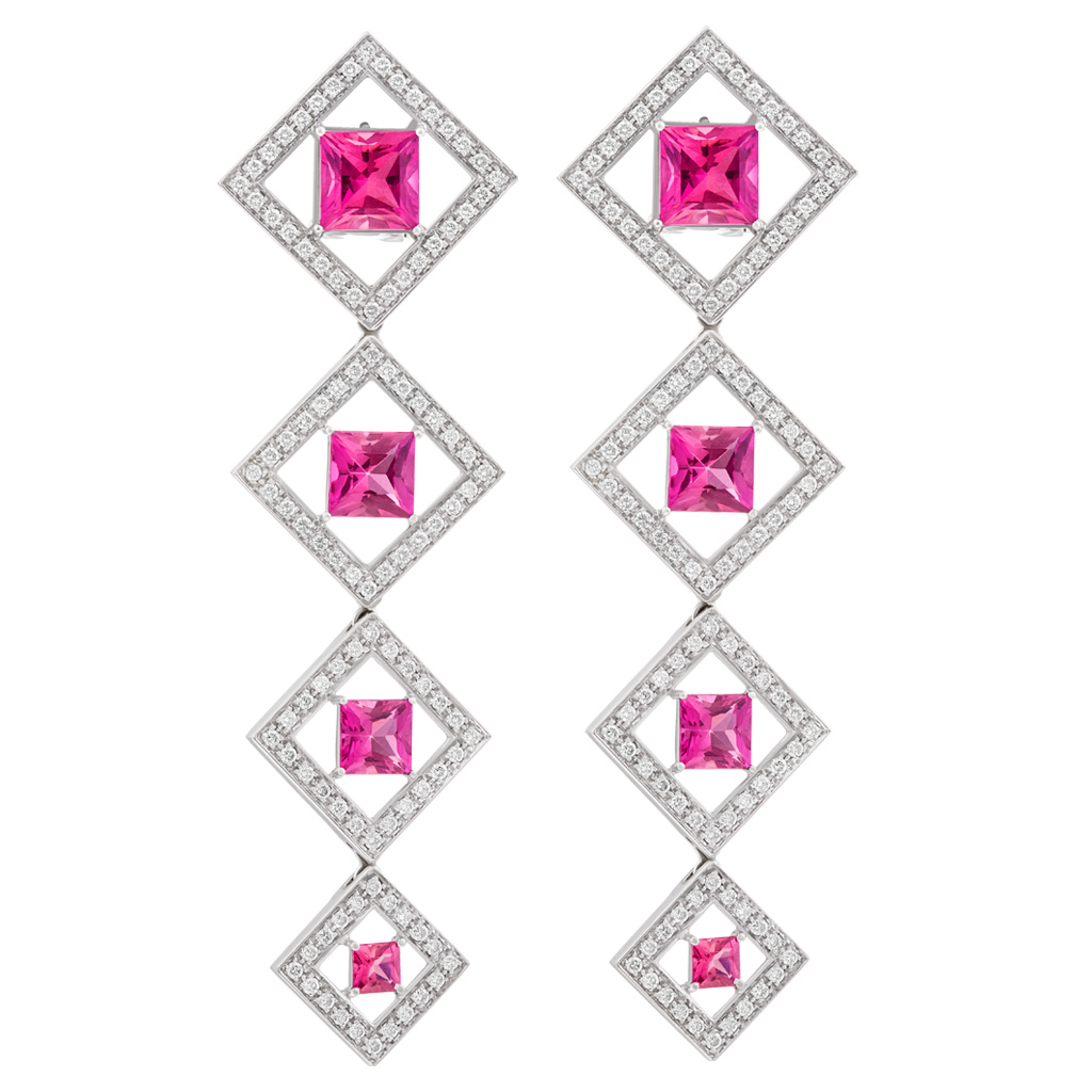 Long dangling squares of love in 18k w/gold framed in approx. 4 carats in dias and pink tourmaline