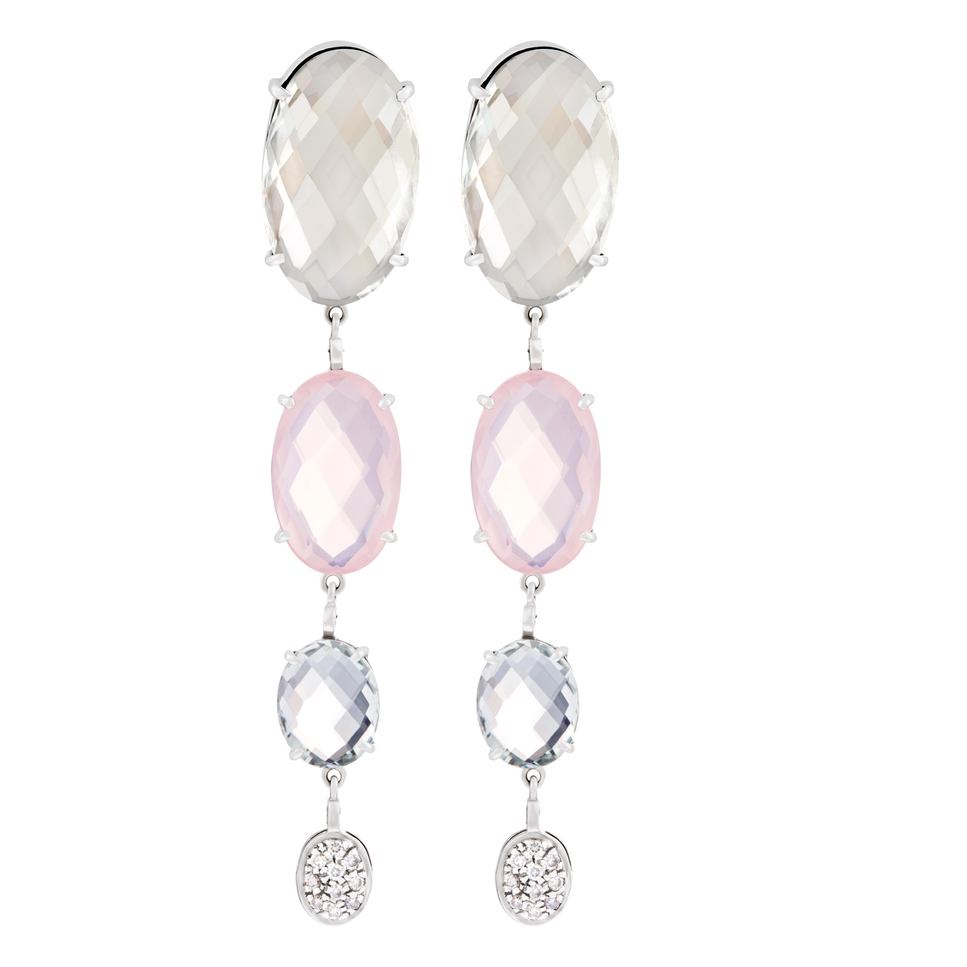  Faceted topaz, pink and smoky quartz dangling earrings with diamond accents