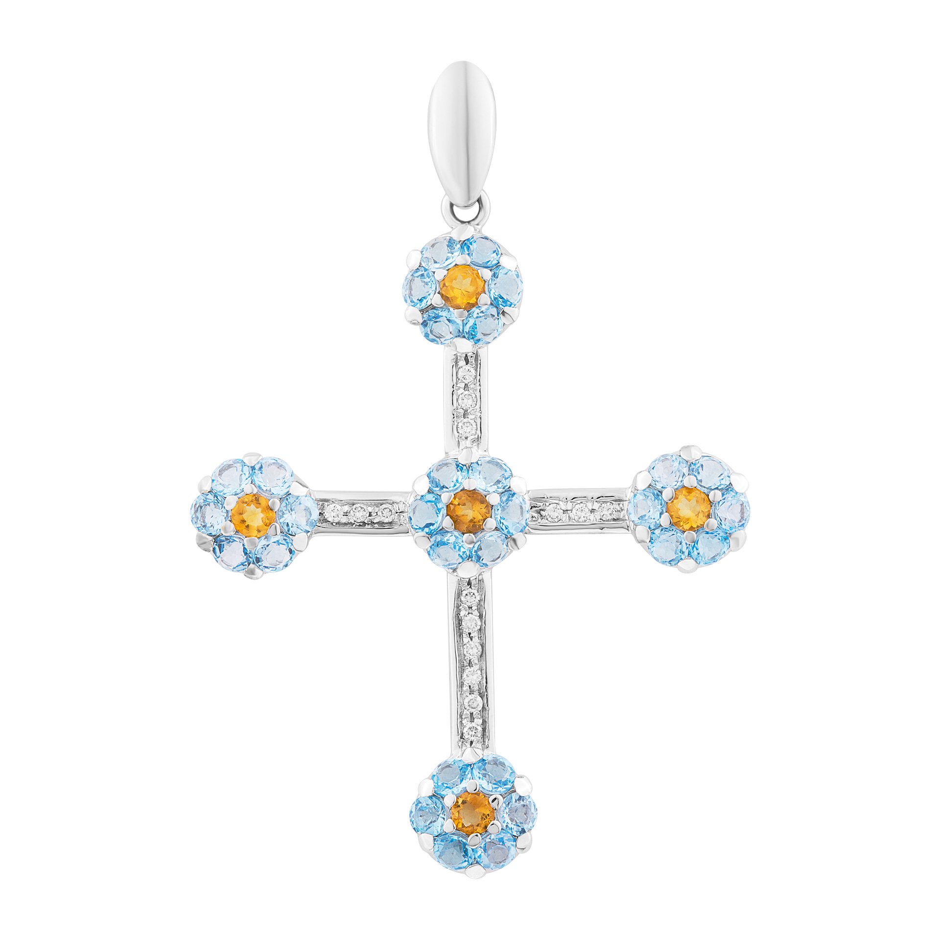 Diamond cross pendant in 18k white gold with topaz flower accents
