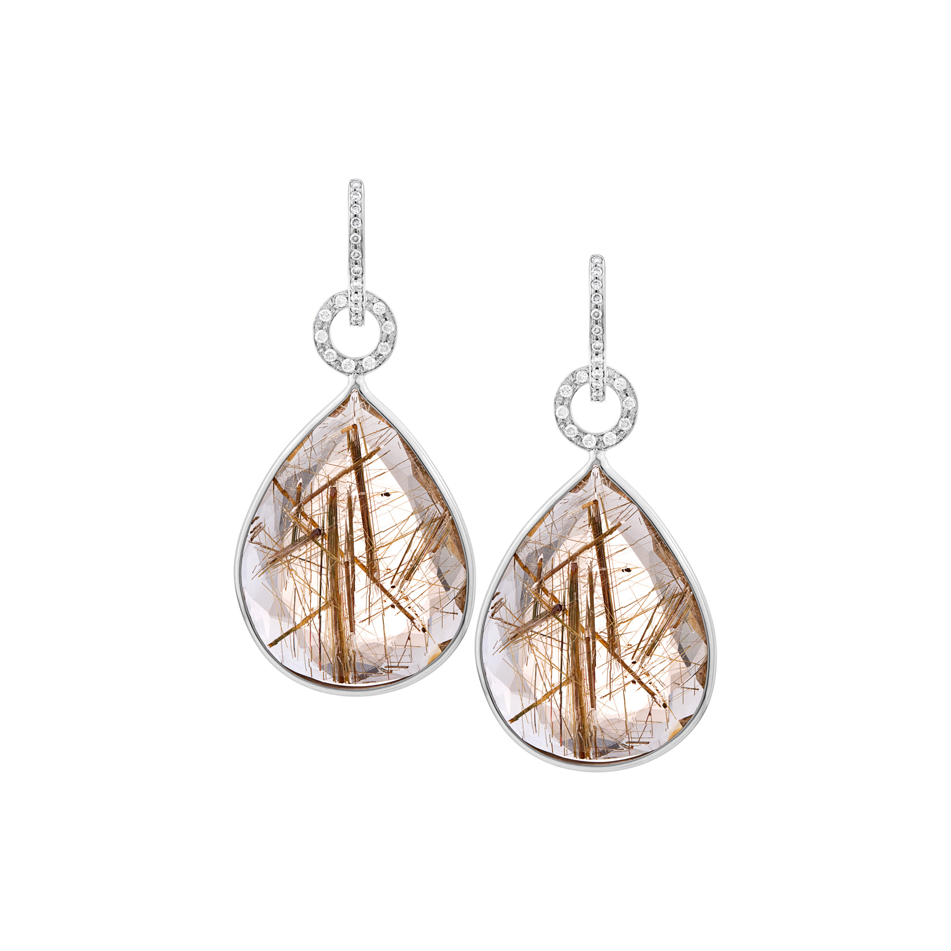 Earrings with rutile quartz and diamonds in 18K white gold