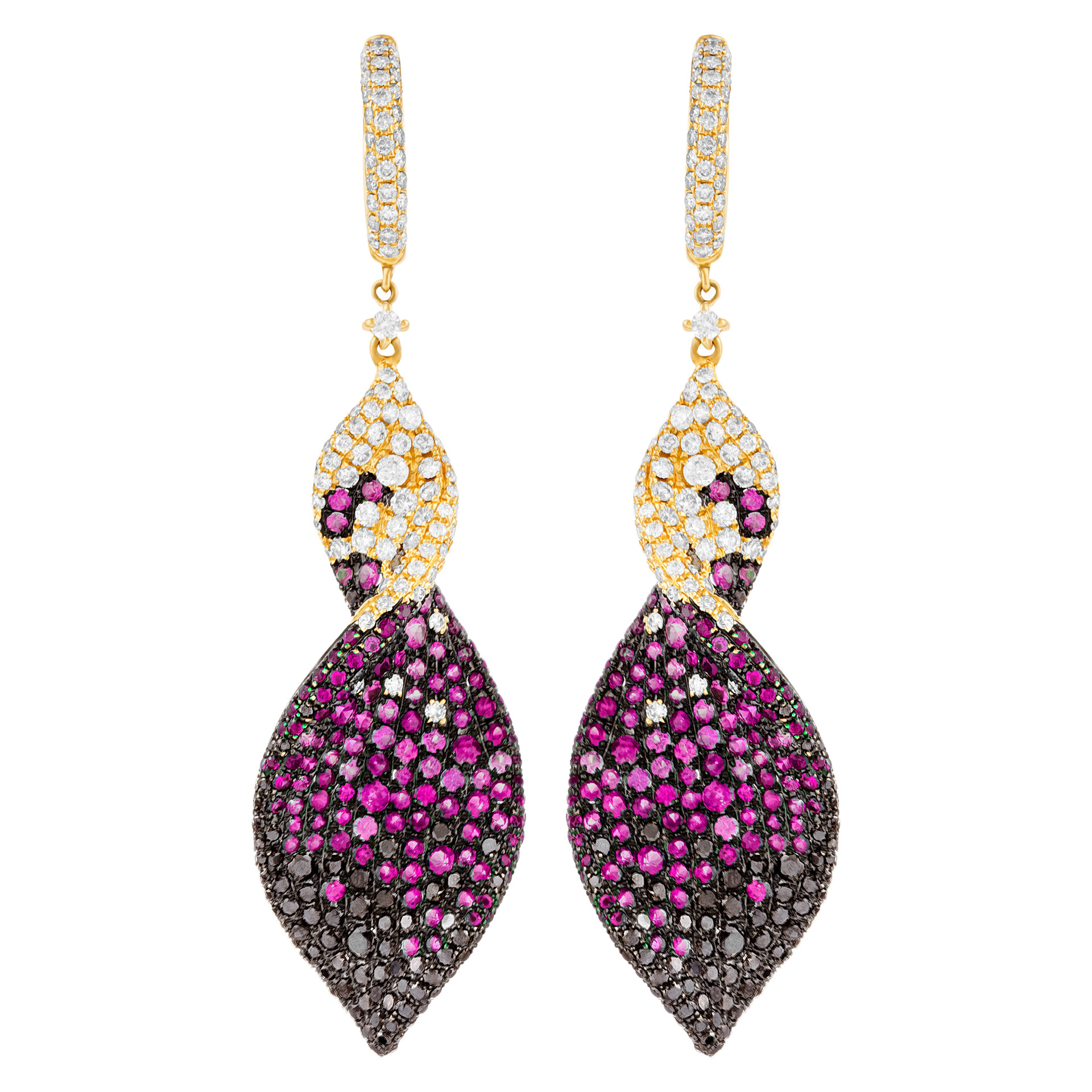 Twisted ruby, sapphire & diamond earrings in 18k with PVD