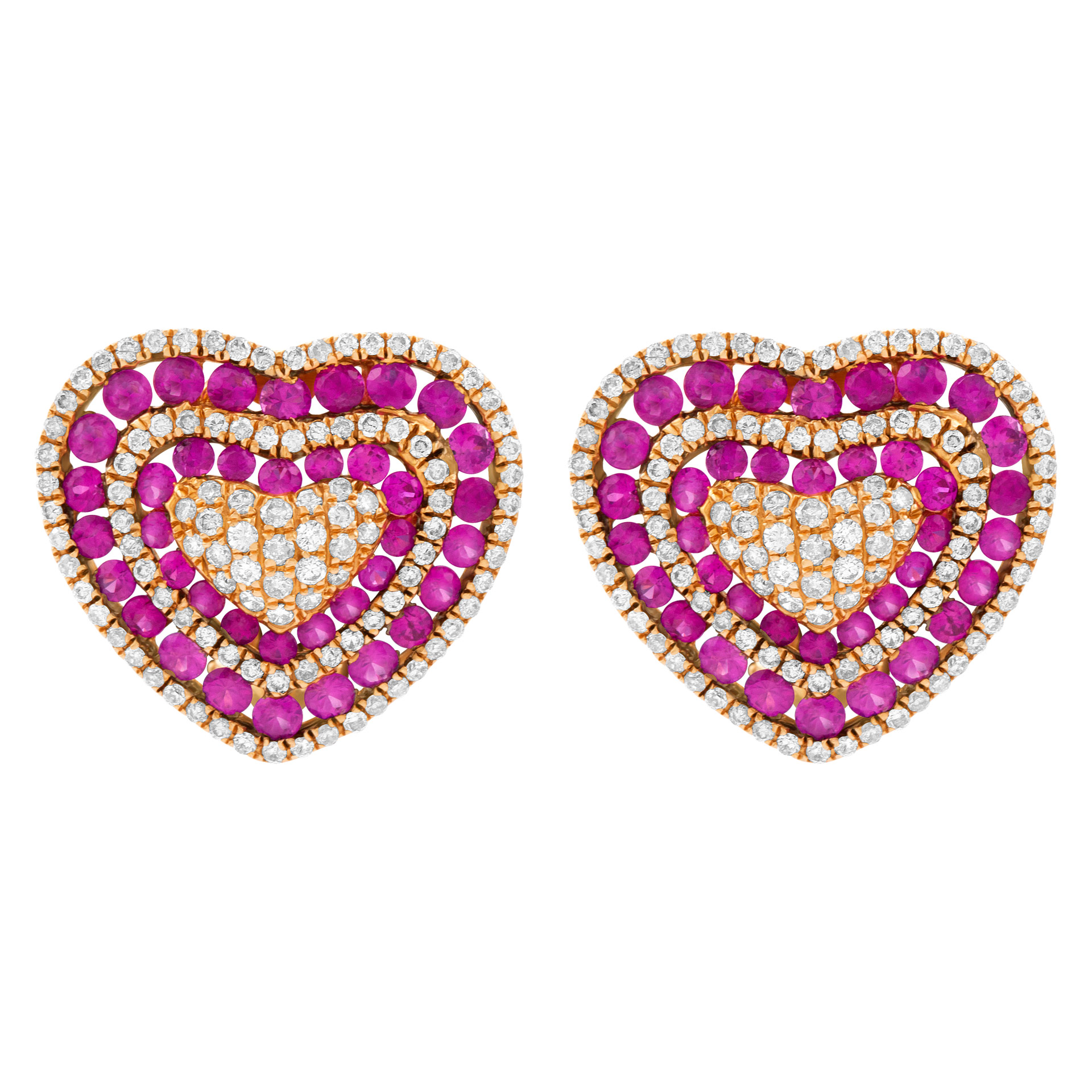 Diamond & ruby heart earrings in 18K pink gold. 2.94 cts in dias. 1.34 cts in rubies