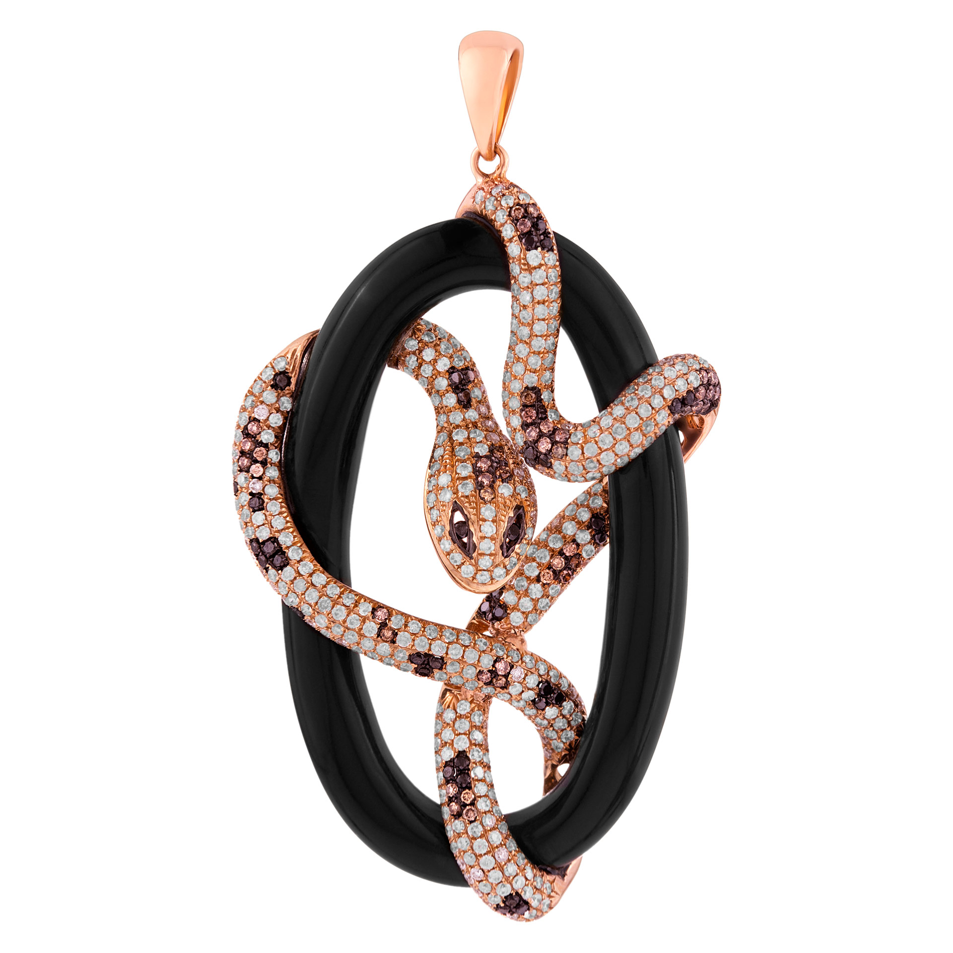 Snake pendant in onyx, diamonds and 18K pink gold. 21.26cts of Onyx