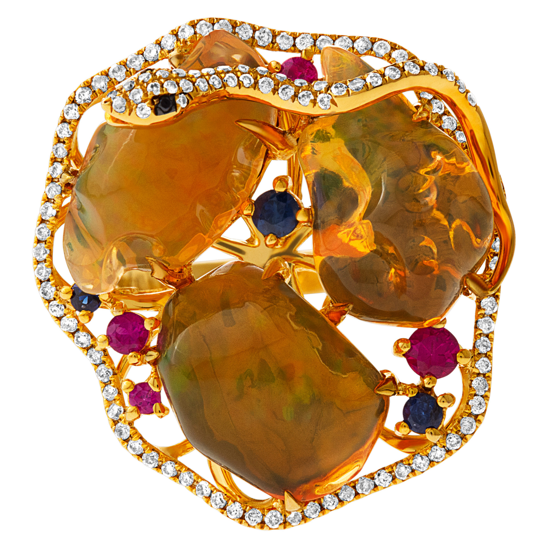 Fire opal ring in 18K yellow gold with diamond accents. 9.8cts in Opal. Size 7