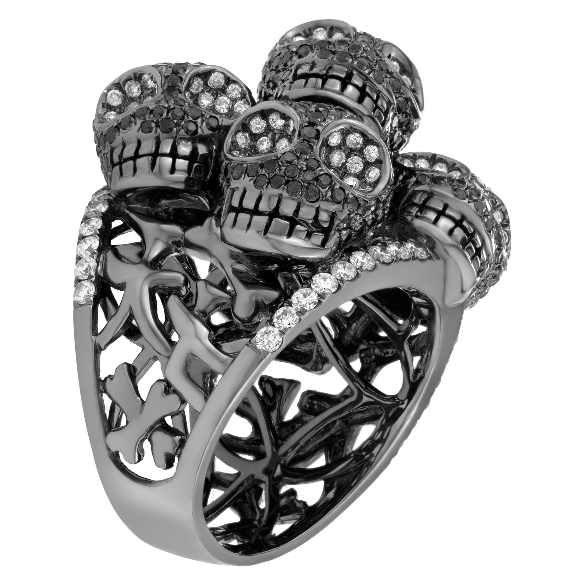 Skulls ring in 18K PVD white gold &black diamonds. 4.34 carats