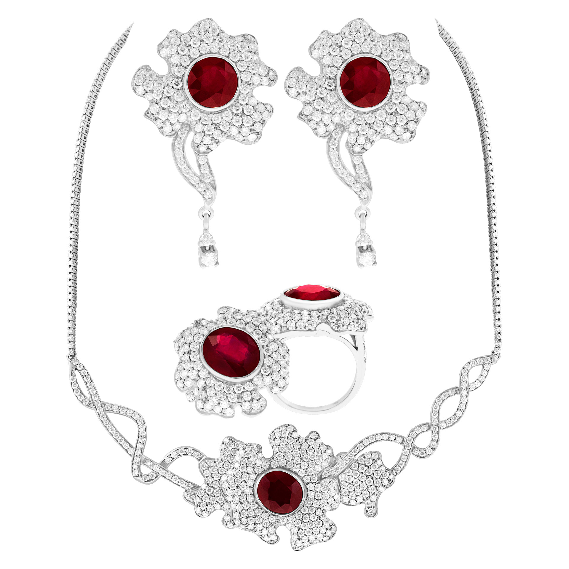 Stunning Floral Design Jewelry Set In 18k White Gold W/ Rubies & Diamonds