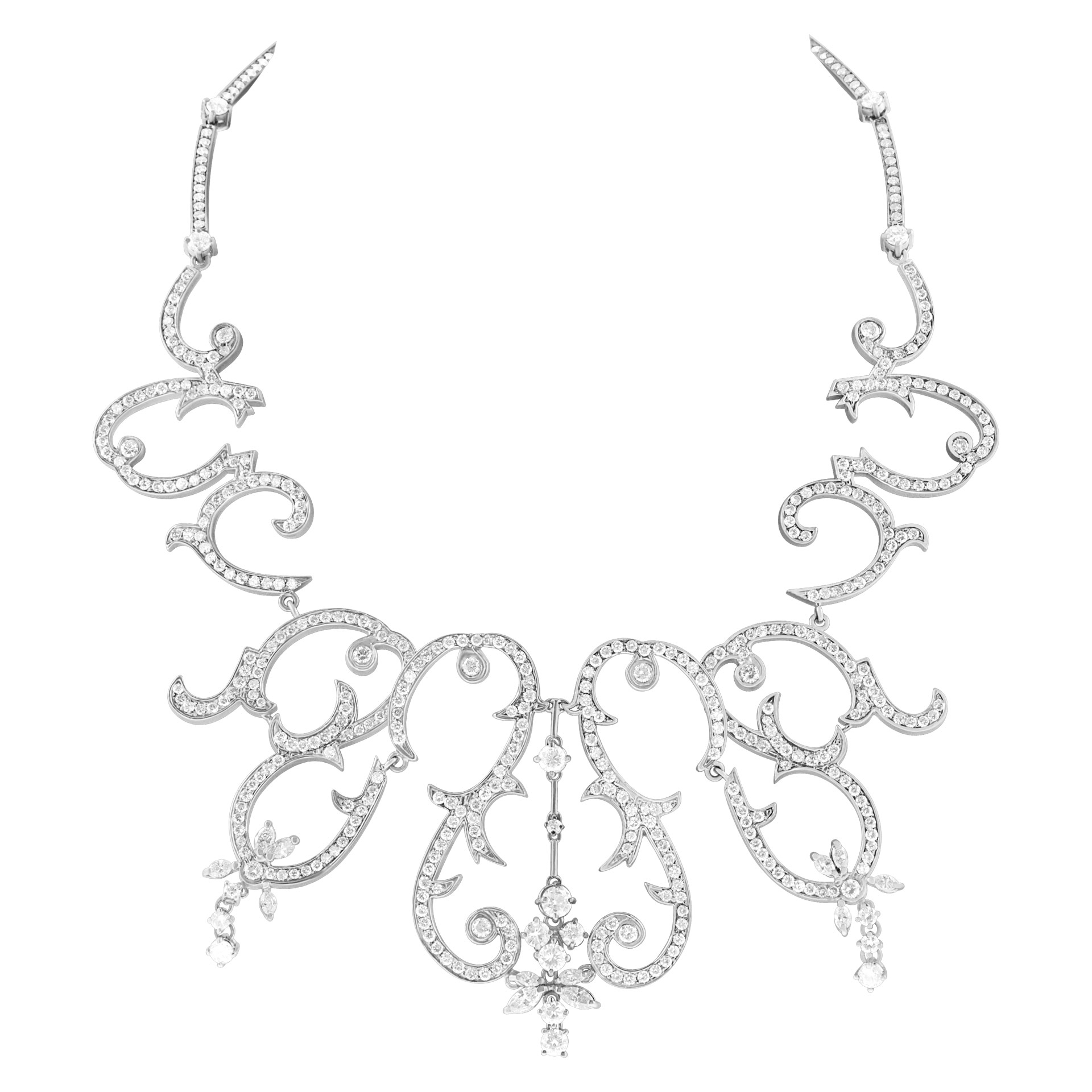 Retro-design "Elizabeth Taylor" style diamond necklace in 14k white gold. Approx 23.75 carats.