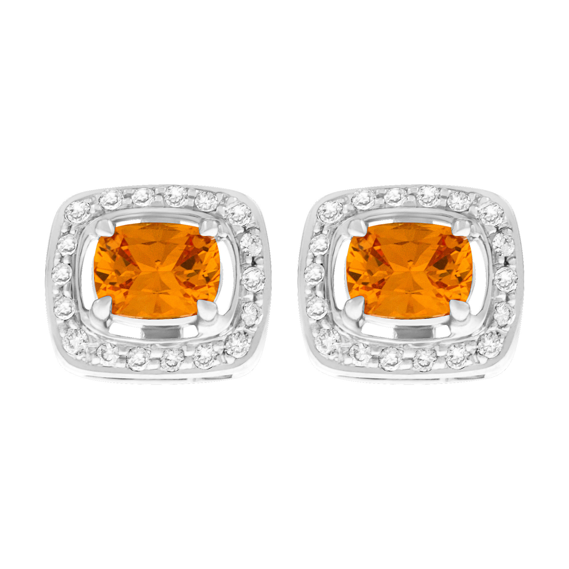 Orange sapphire studs with diamonds in 18k white gold