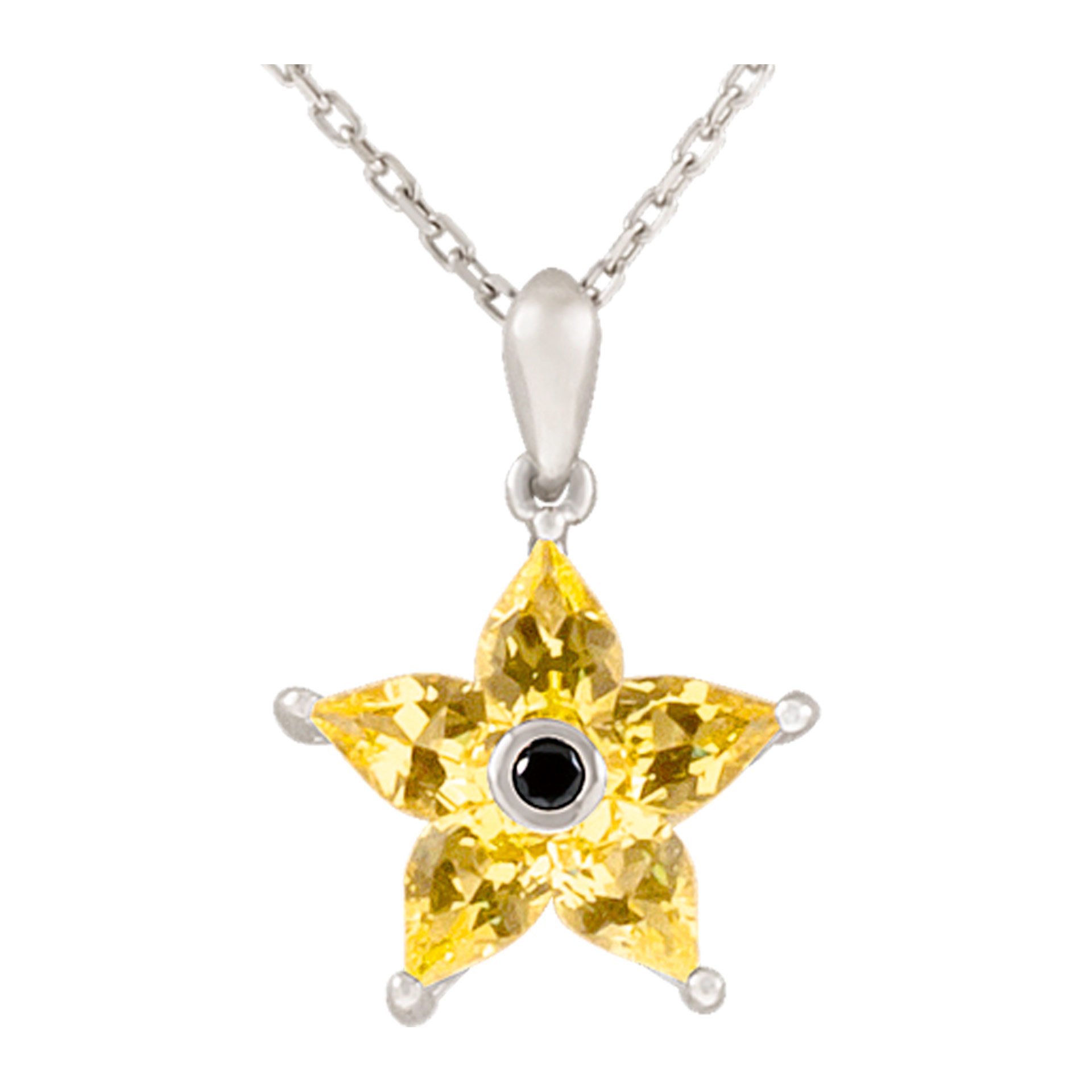 Yellow sapphire star pendant  in 18k white gold necklace