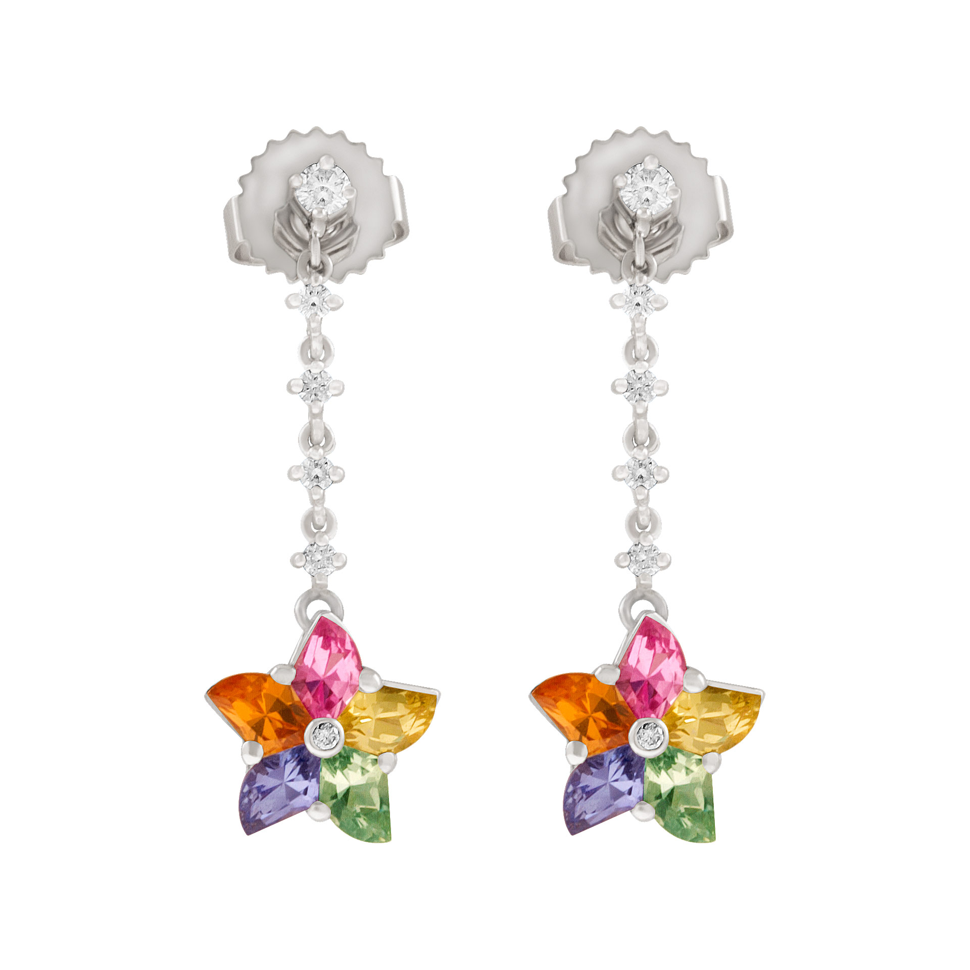 Diamond and sapphire drop earrings in floral style set in 18k white gold