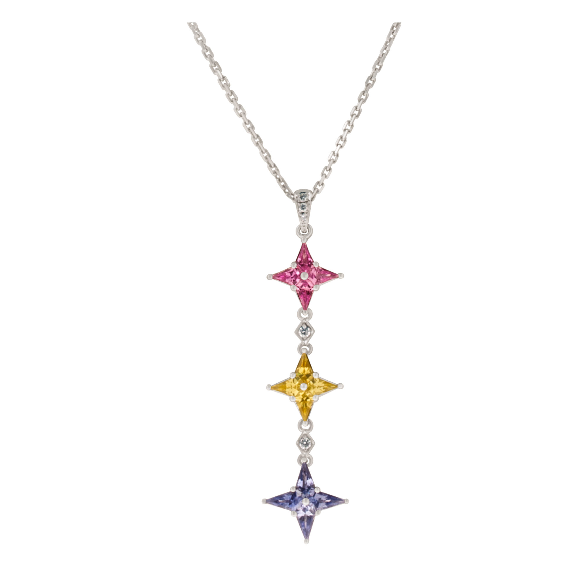 Drop sapphire star pendant/necklace in 18k white gold. 1.93cts in sapphires