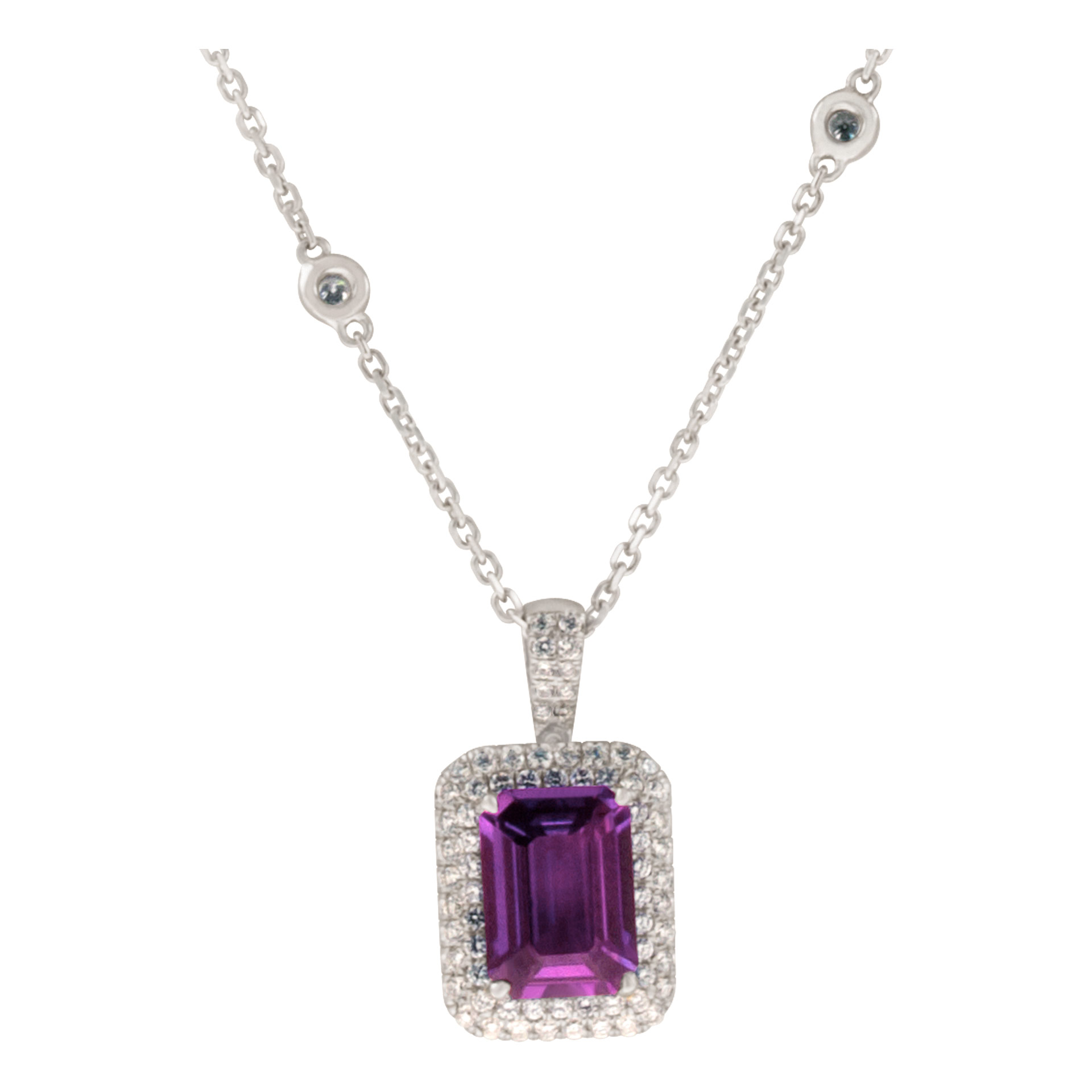 Purple sapphire pendant necklace in 18k white gold with diamond accents. 3.87 carat sapphire