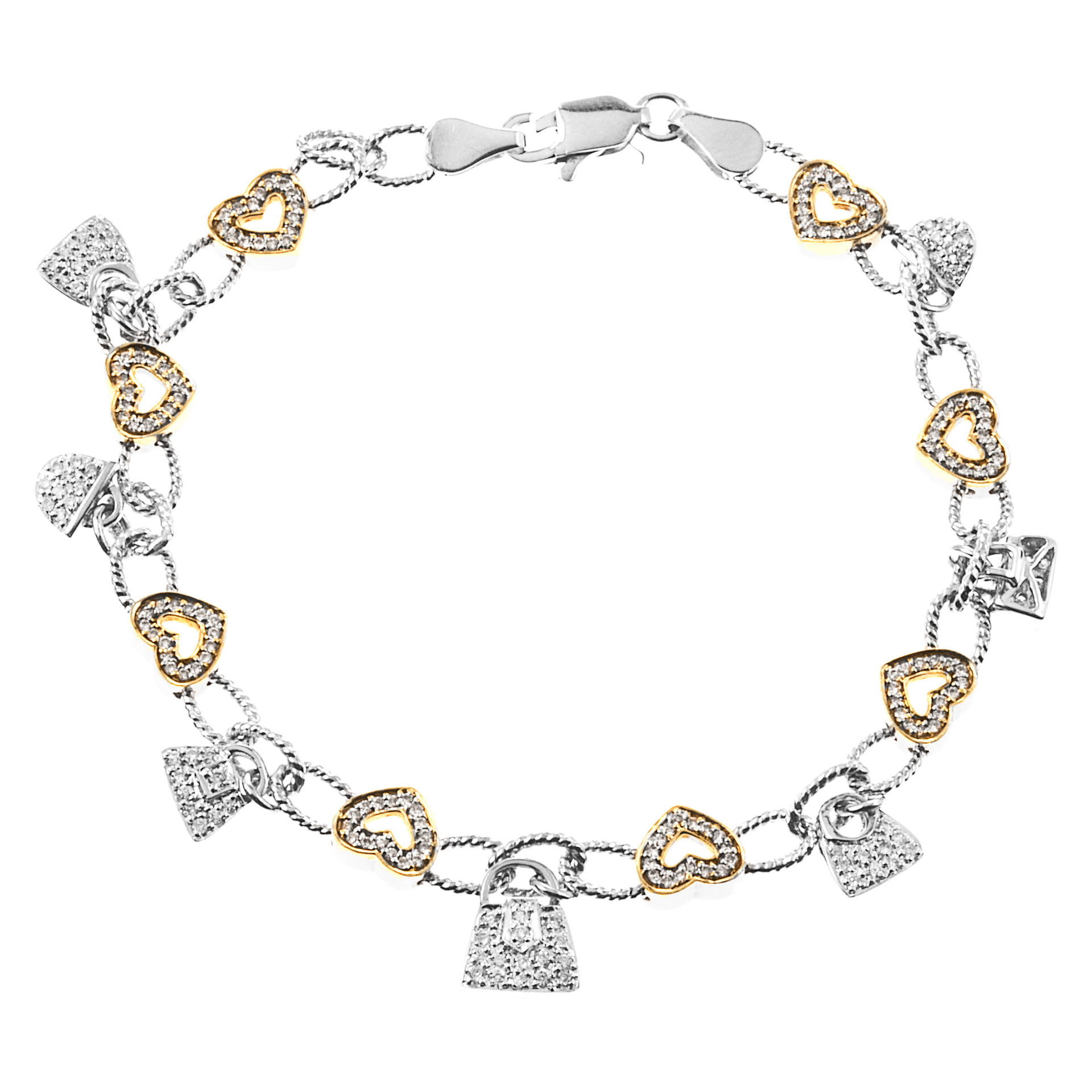 Stylish two tone 18k gold bracelet with diamond charms of hearts and bags