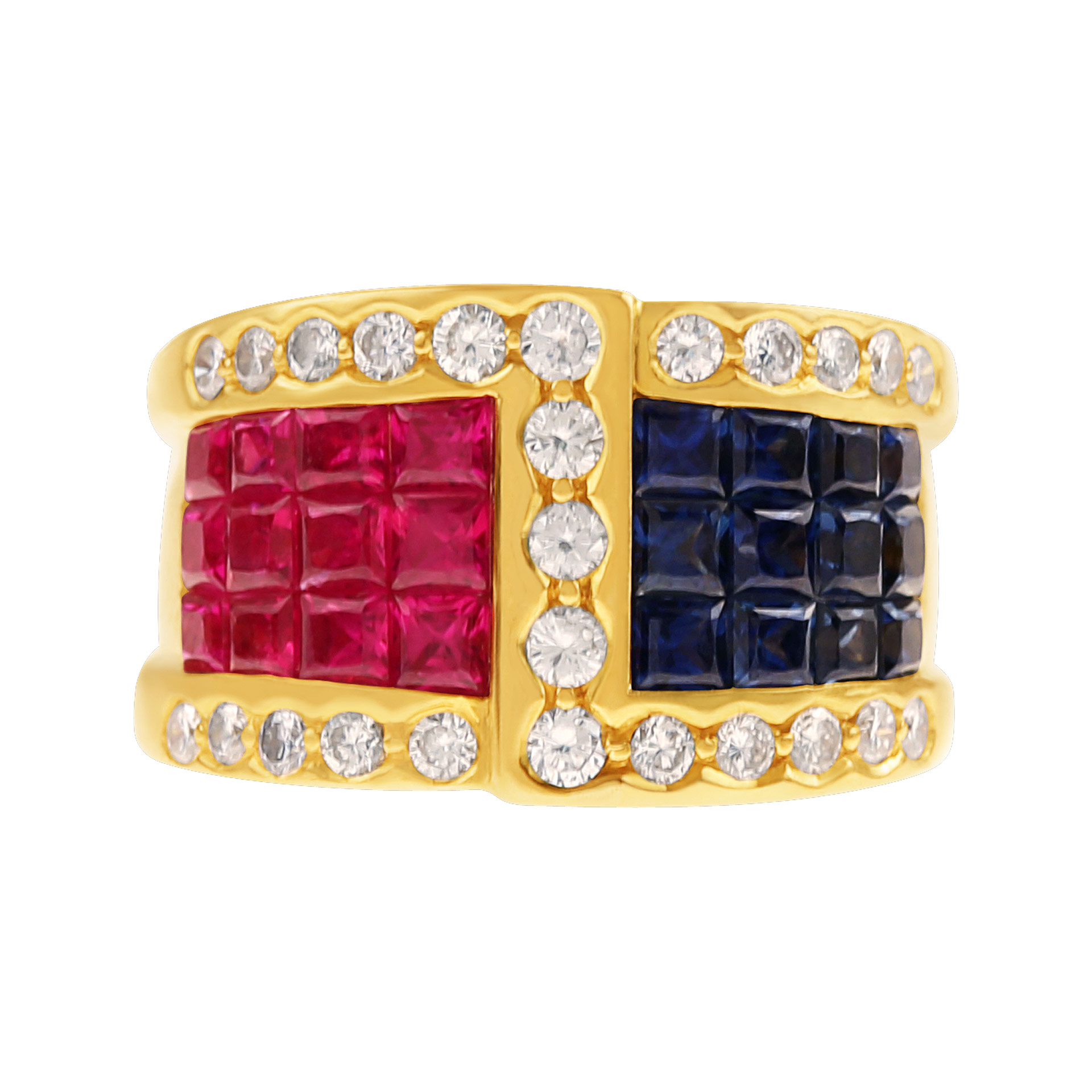 Sapphire, ruby & diamond ring in 18k yellow gold.