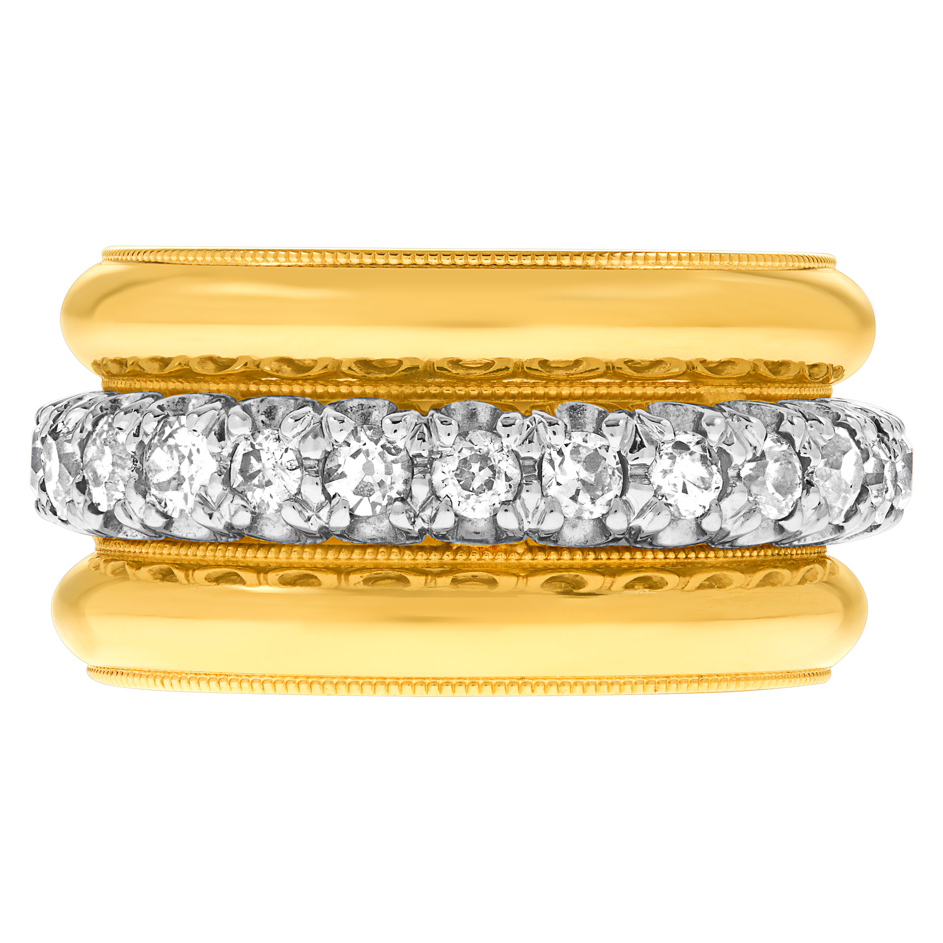 Wide high-class band in 14k yellow gold. 2 carats in diamonds. Size 7.
