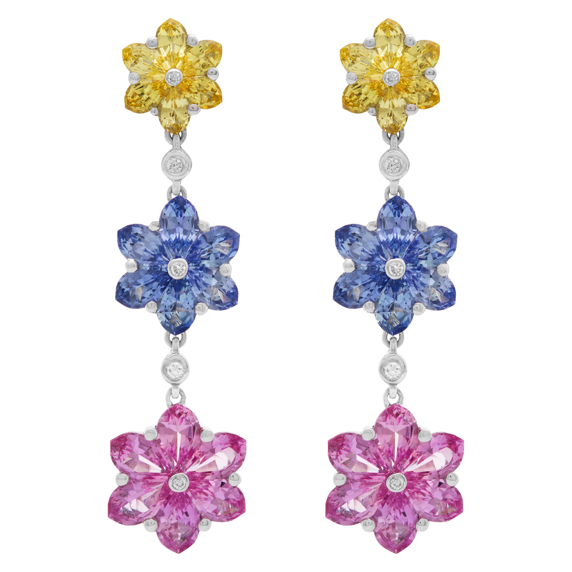 Flower drop earrings in 18k white gold with diamond and sapphires