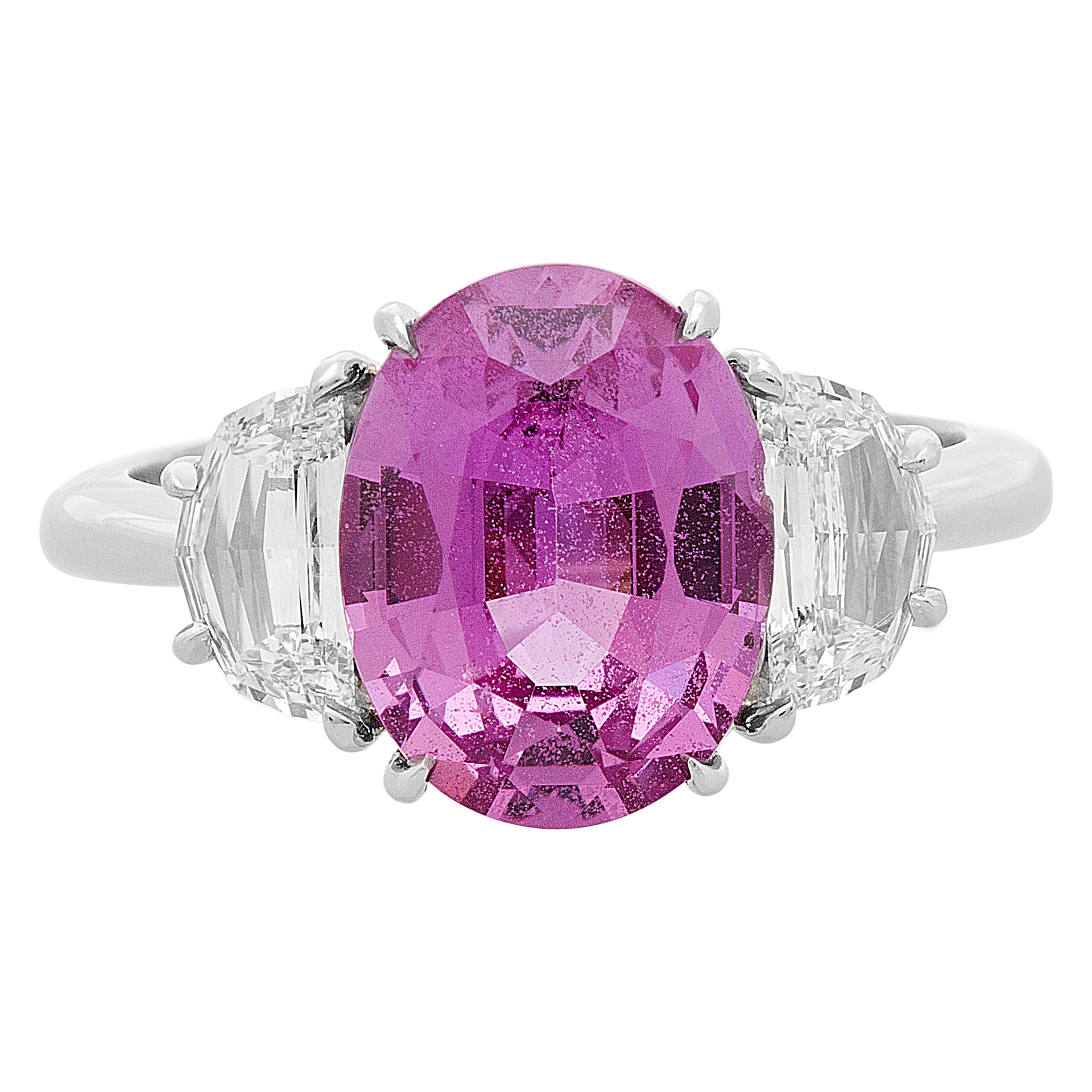 Madagascar Pink 3.68 carat oval cut sapphire ring with .79 cts in half moon diamonds