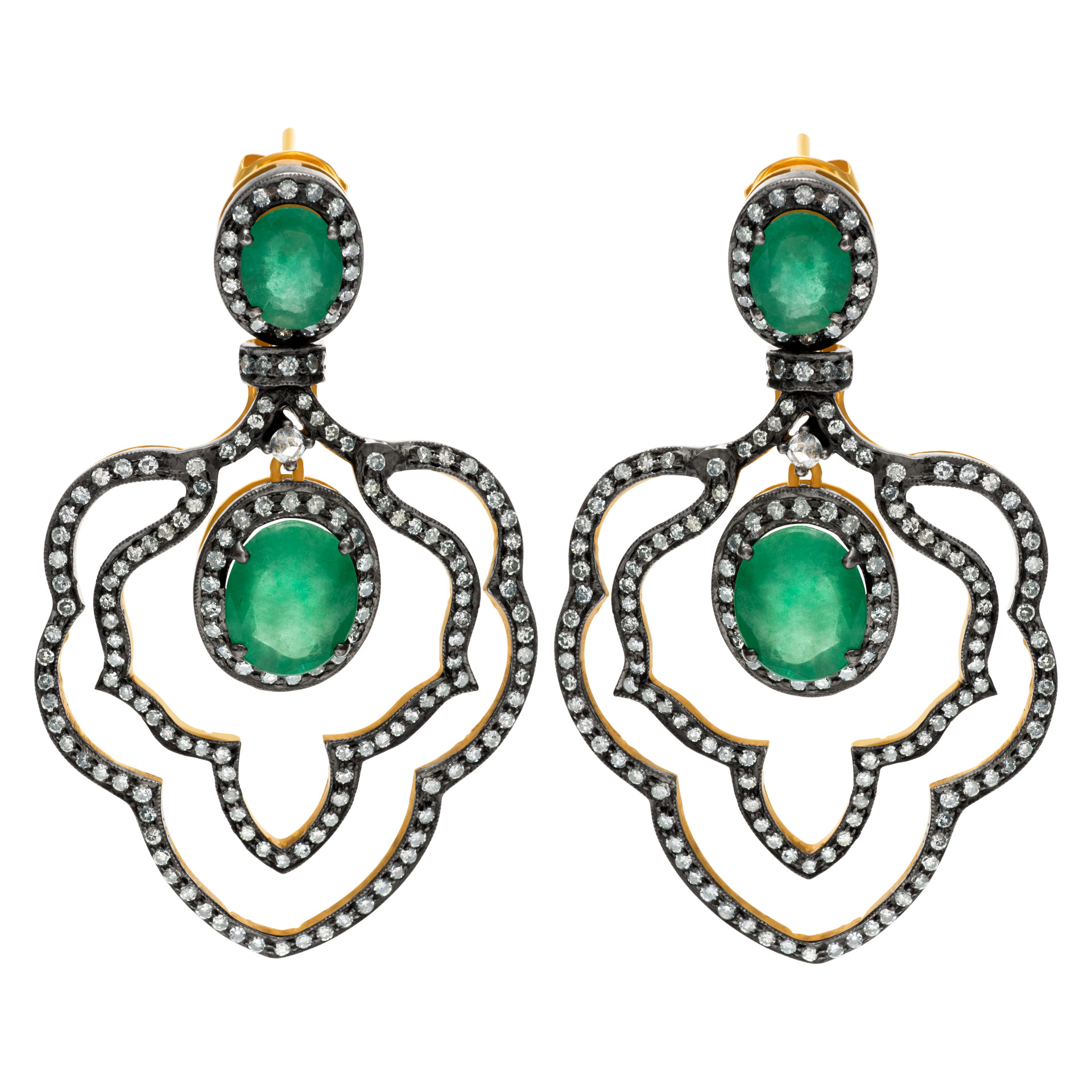Emerald and rose cut Diamond earrings in 14K and sterling silver top