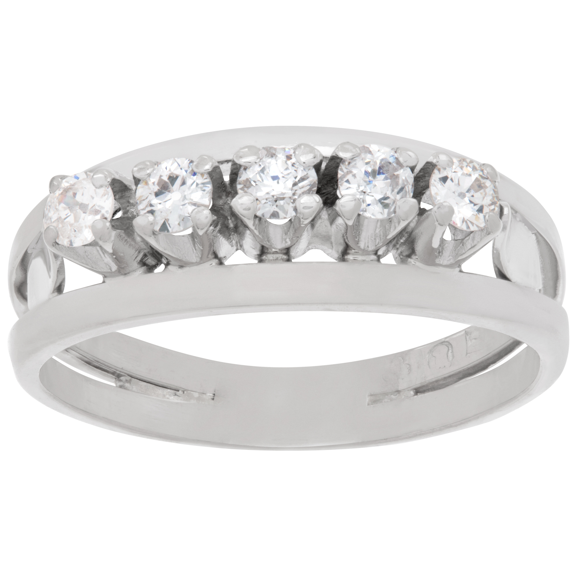 Diamond band with 5 diamonds in 18k white gold. Size 7