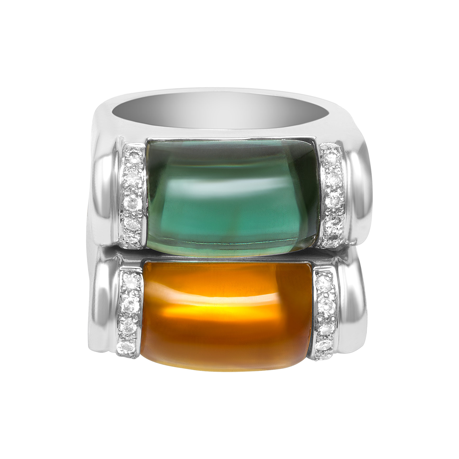 Stackable citrine and tourmaline set of 2 rings with diamond accents in 18k white gold.