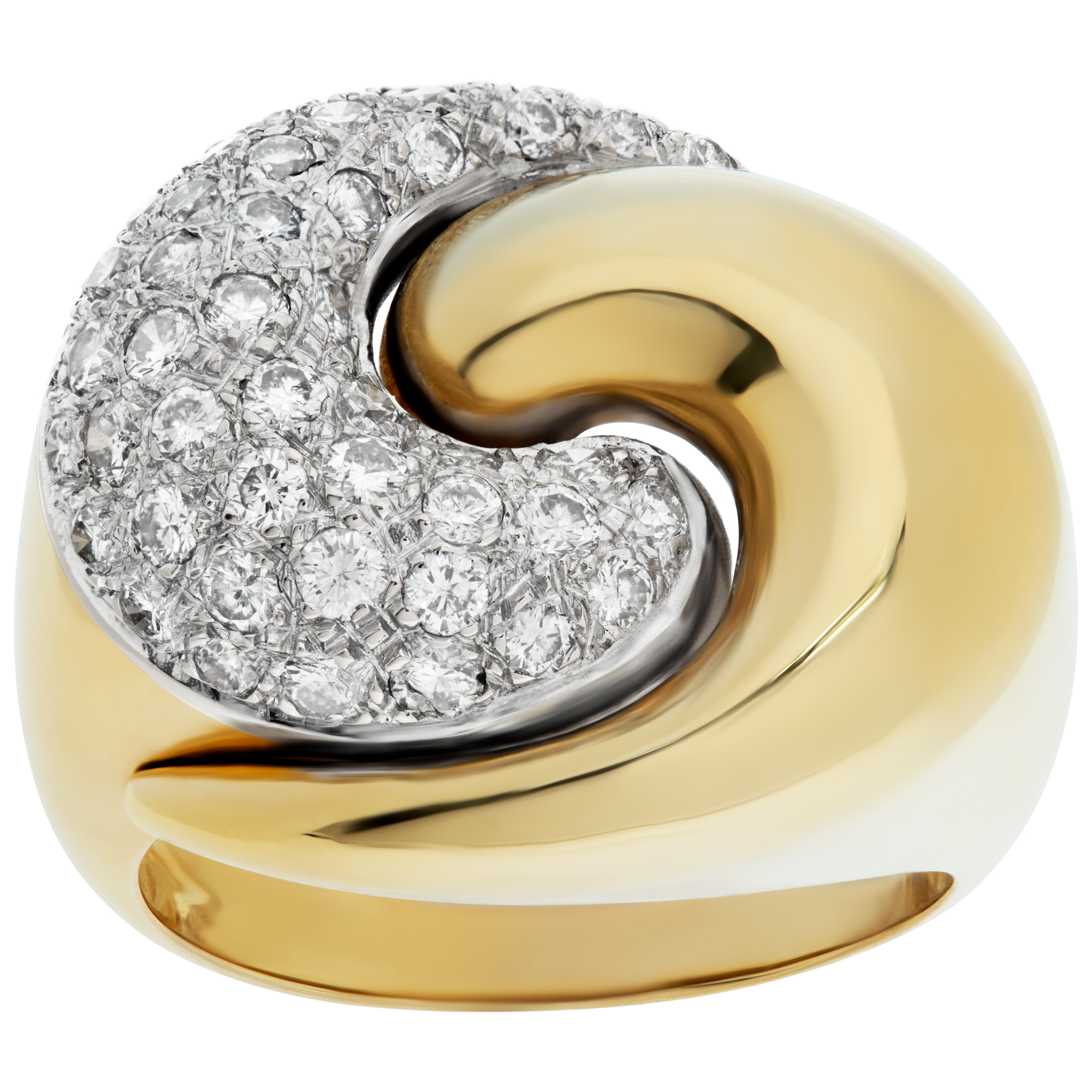 Pave diamond ring in 18k yellow gold with approximately 1.00 carat round brilliant cut diamonds.