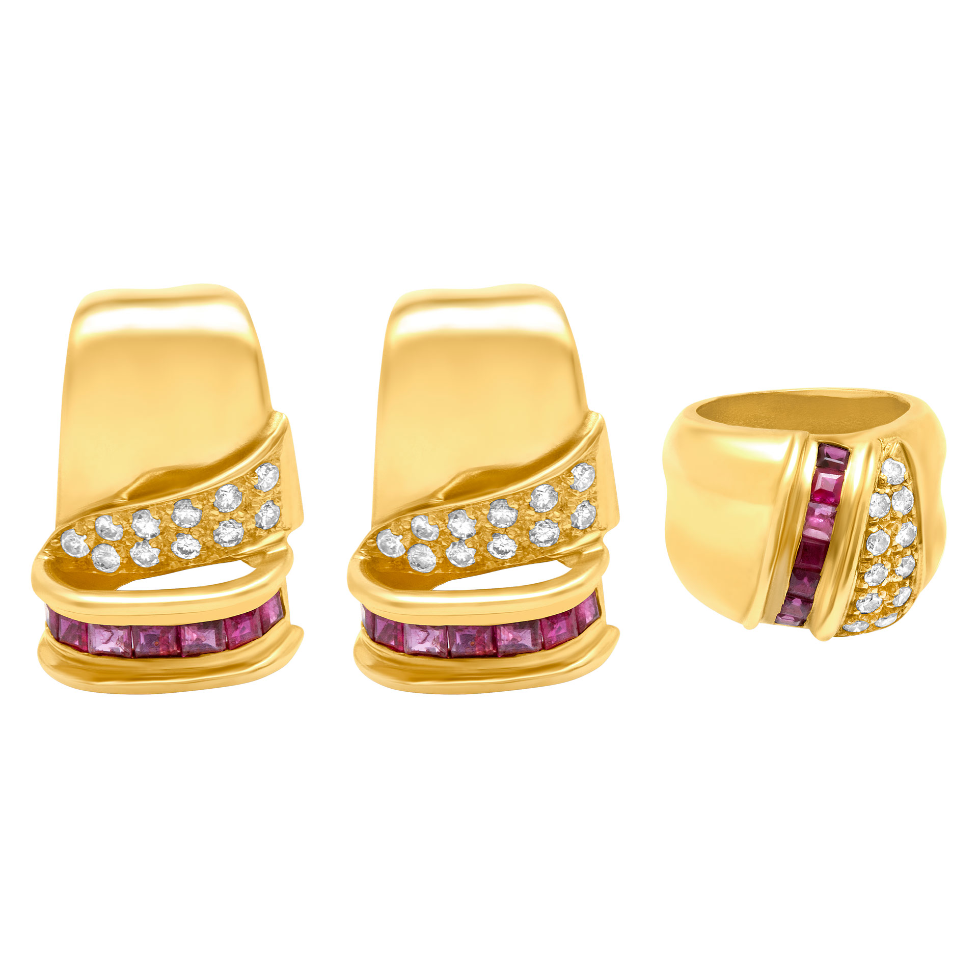 Waves of diamonds and rubies set of earrings and ring in 18k. 1.00cts in dias