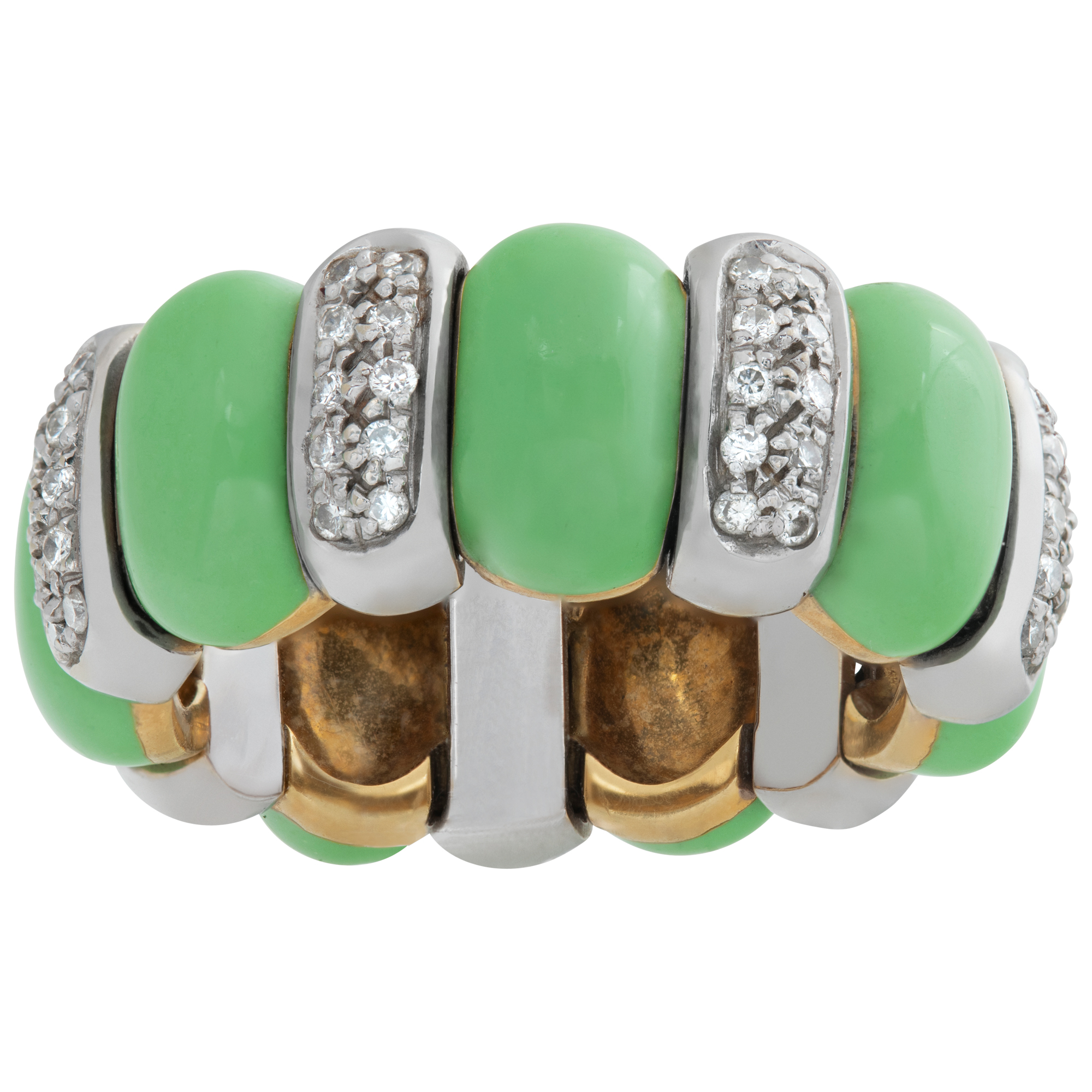 Designer signed "Valent" flexible eternity band with diamonds and cabochon green turquoise set in 18K white & yellow gold.