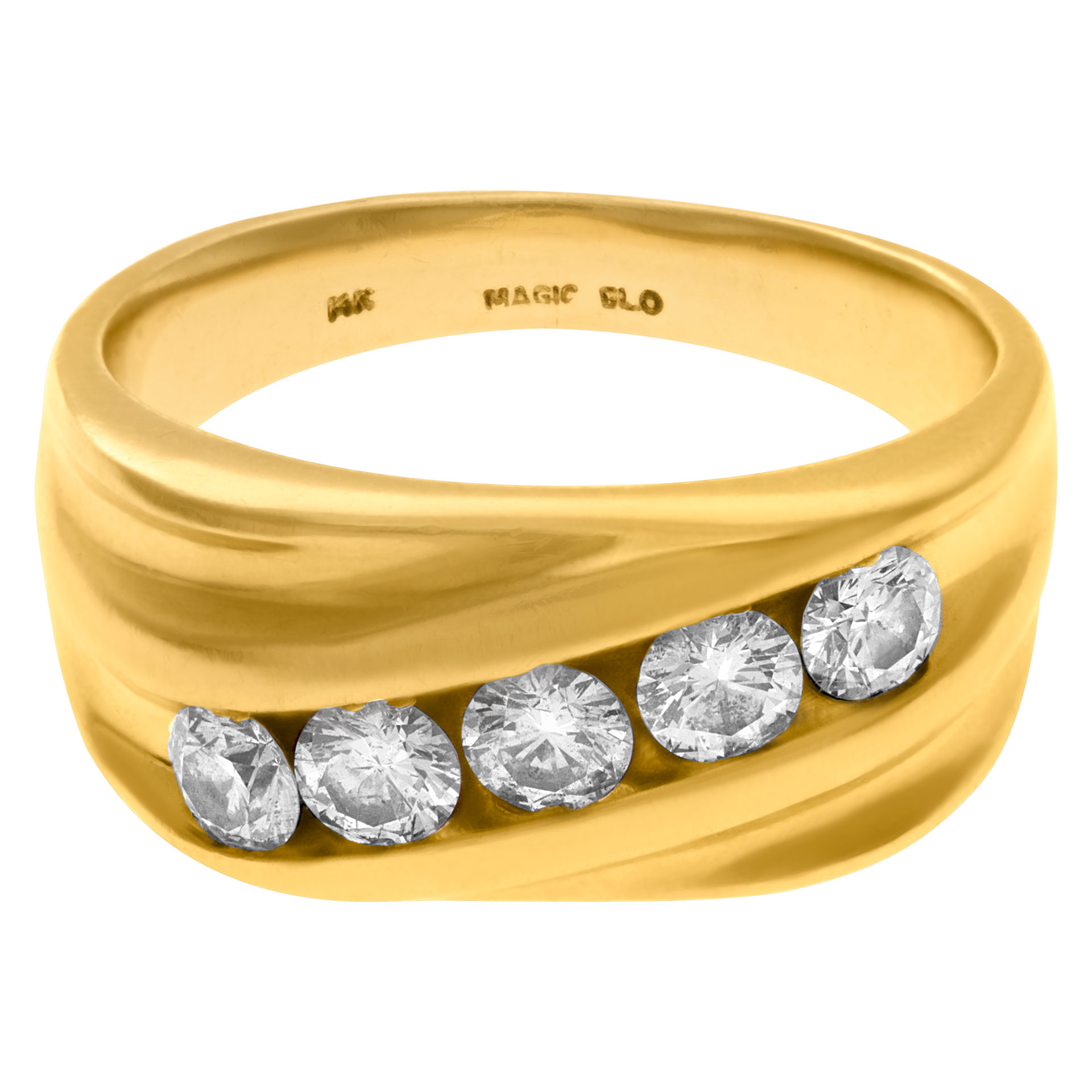 Striking diamond band in 14k yellow gold with 5 diamonds approximately 1.25 carats