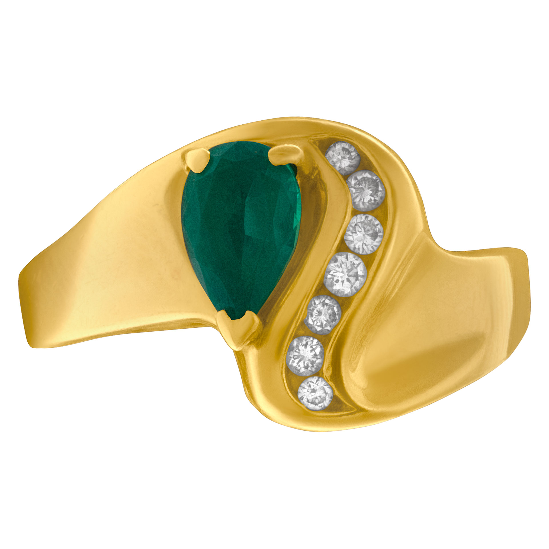 Pear shaped emerald ring with diamond accents in 14k gold