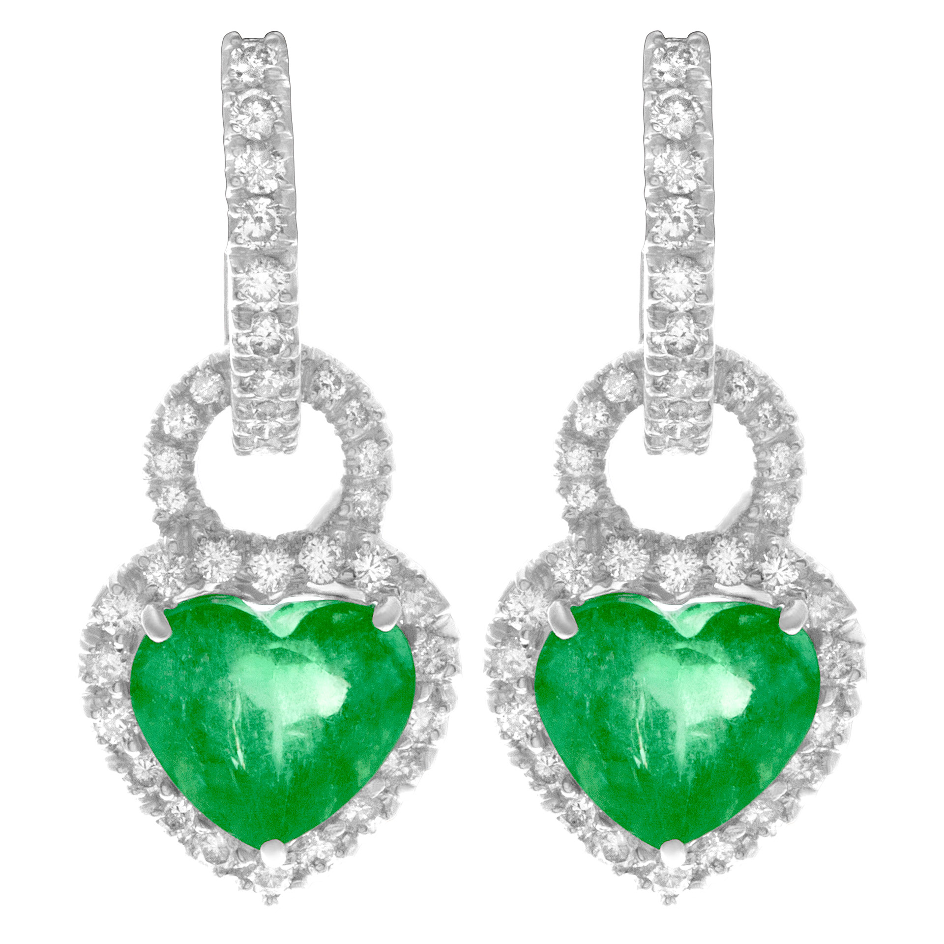 18k white gold diamond and emerald heart shaped earrings