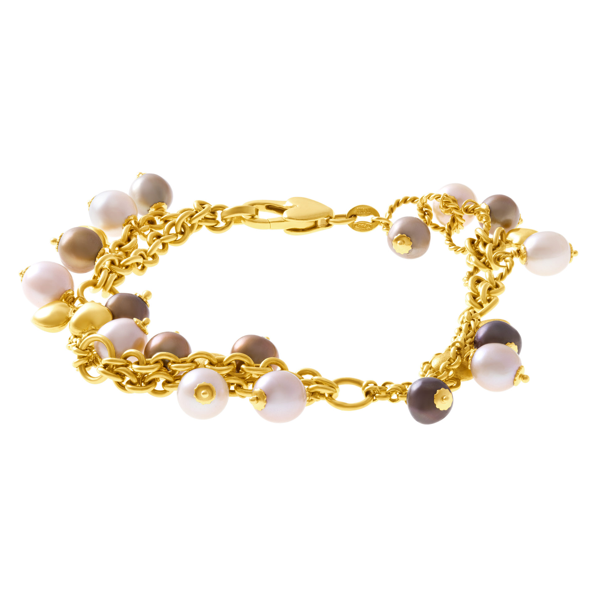 Dangling golden, grey, white fresh water pearls & gold heart charms bracelet in 18k yellow gold