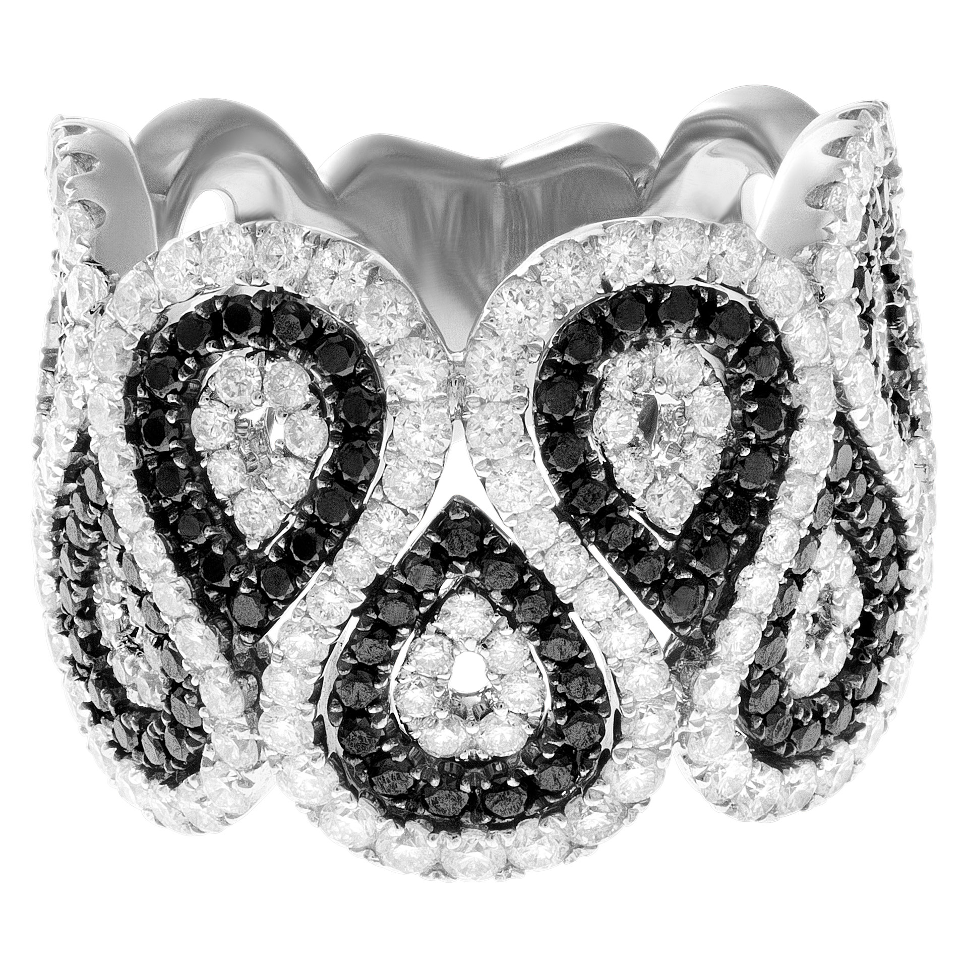 Unique white and black diamond swirl ring. 3.00cts in diamonds in 14k white gold