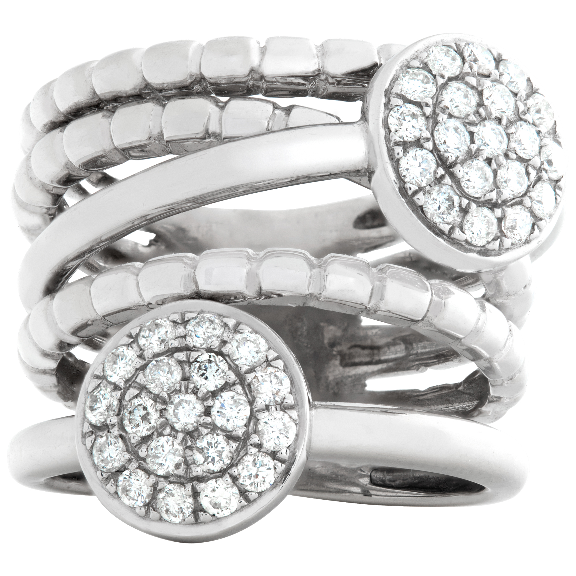 5 banded ring with 2 pave diamond clusters in 18k white gold, (0.60 cts) diamonds