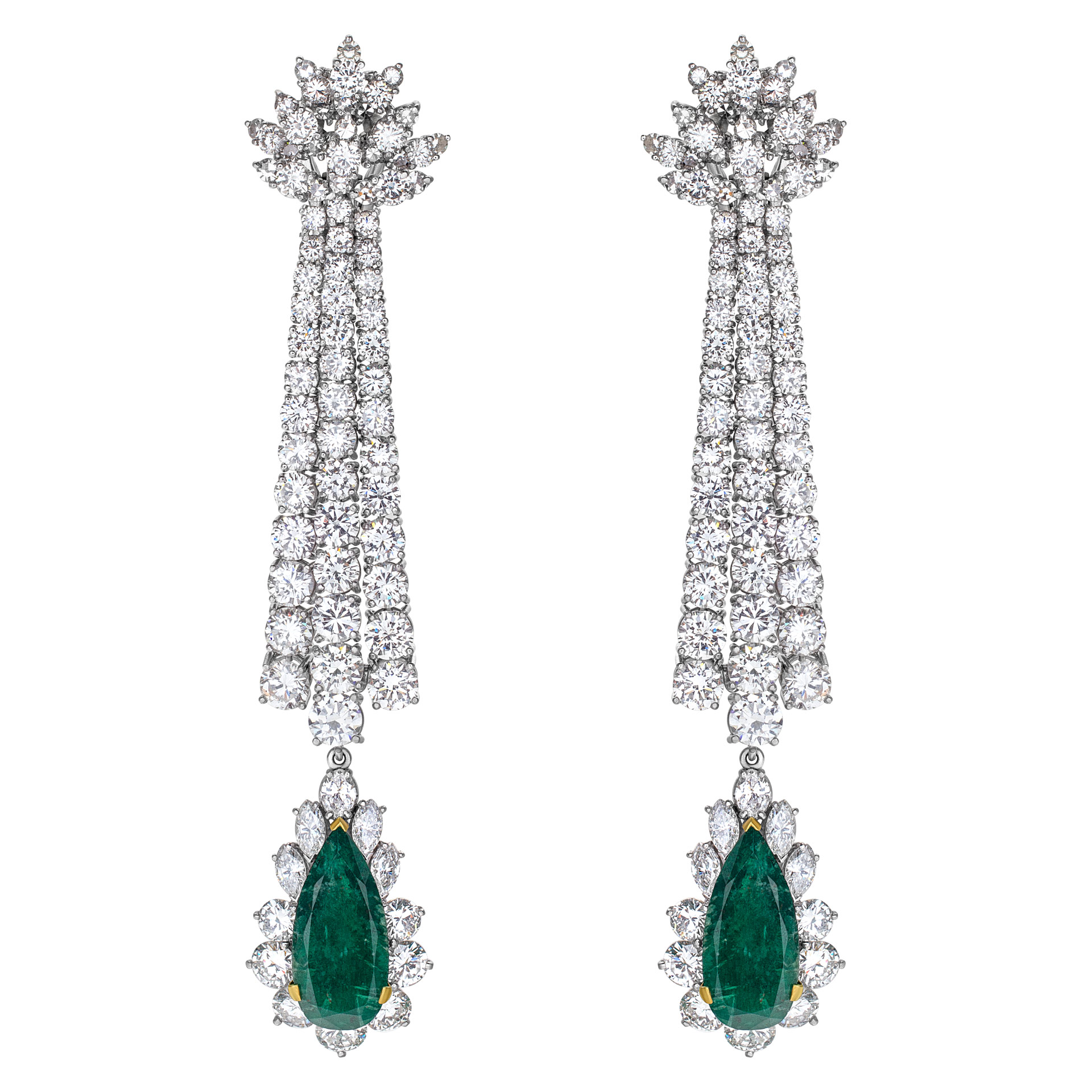 Drop diamond earrings with pear shaped emerald in platinum. 20 carats in diamonds, 9 carats in emeralds