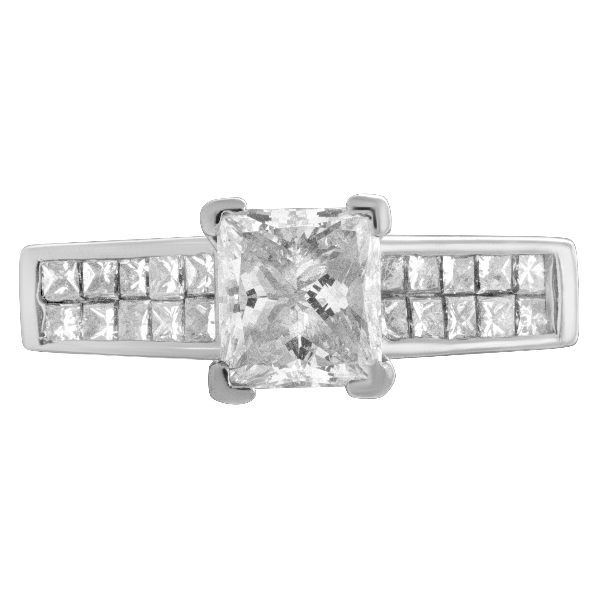 GIA certified diamond engagement ring with 1.01cts rectangular diamond (F color, SI2 clarity) set in 14k white gold