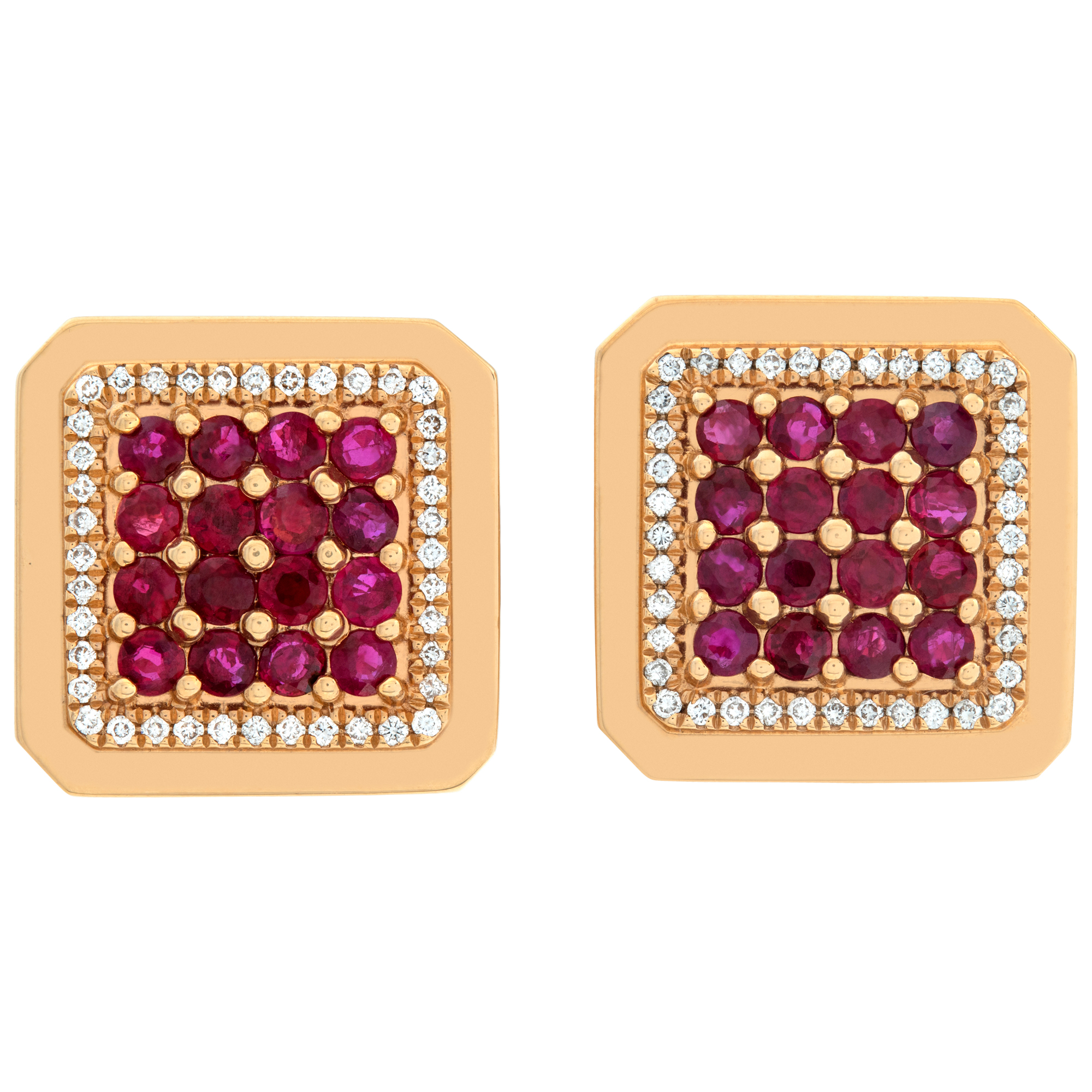 Ruby & diamonds square cufflinks, set in 18k yellow gold. Total round cut ruby approx. weight: 3.20 carats.