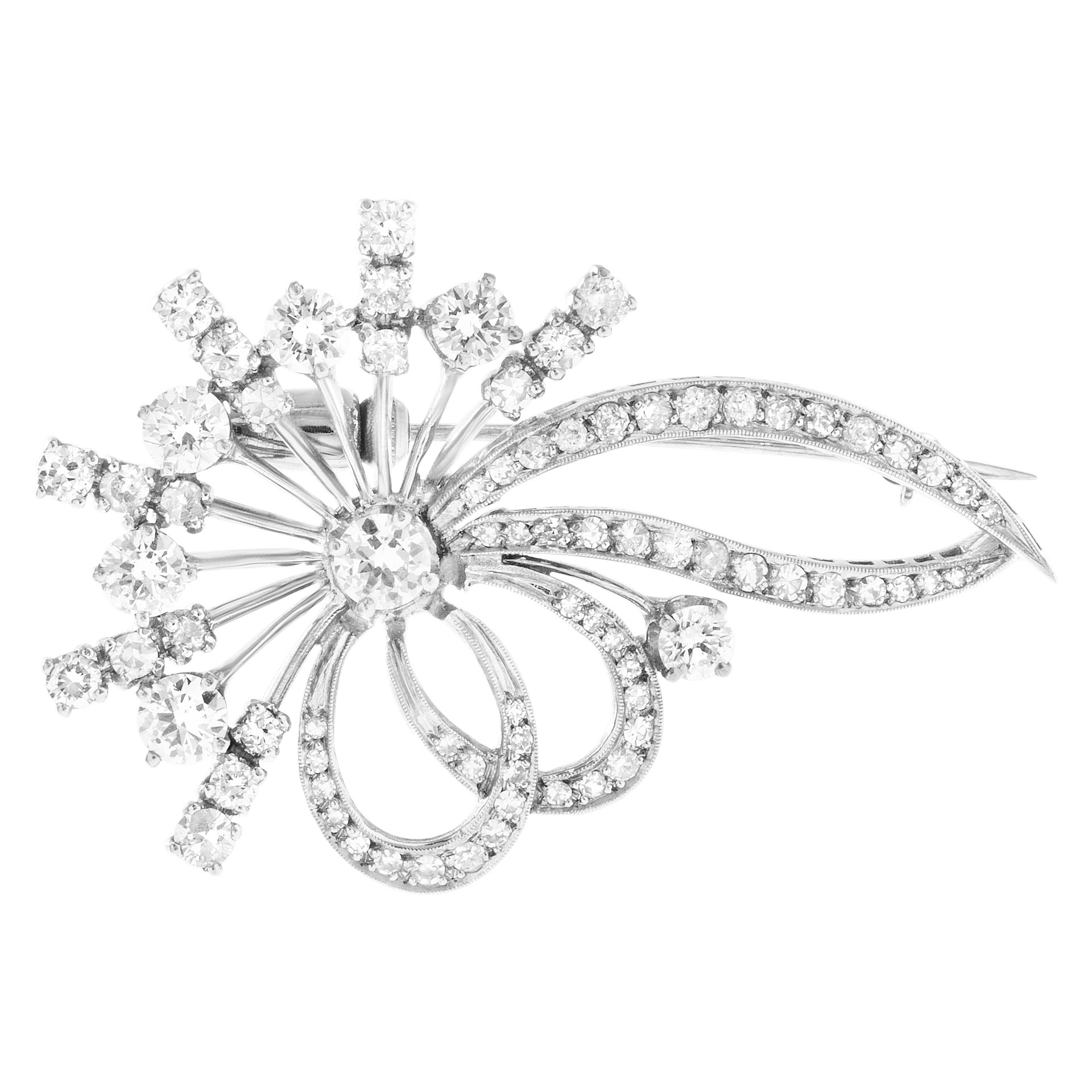 Diamond flower pin/broach in 14k white gold. 3.00 carats in diamonds
