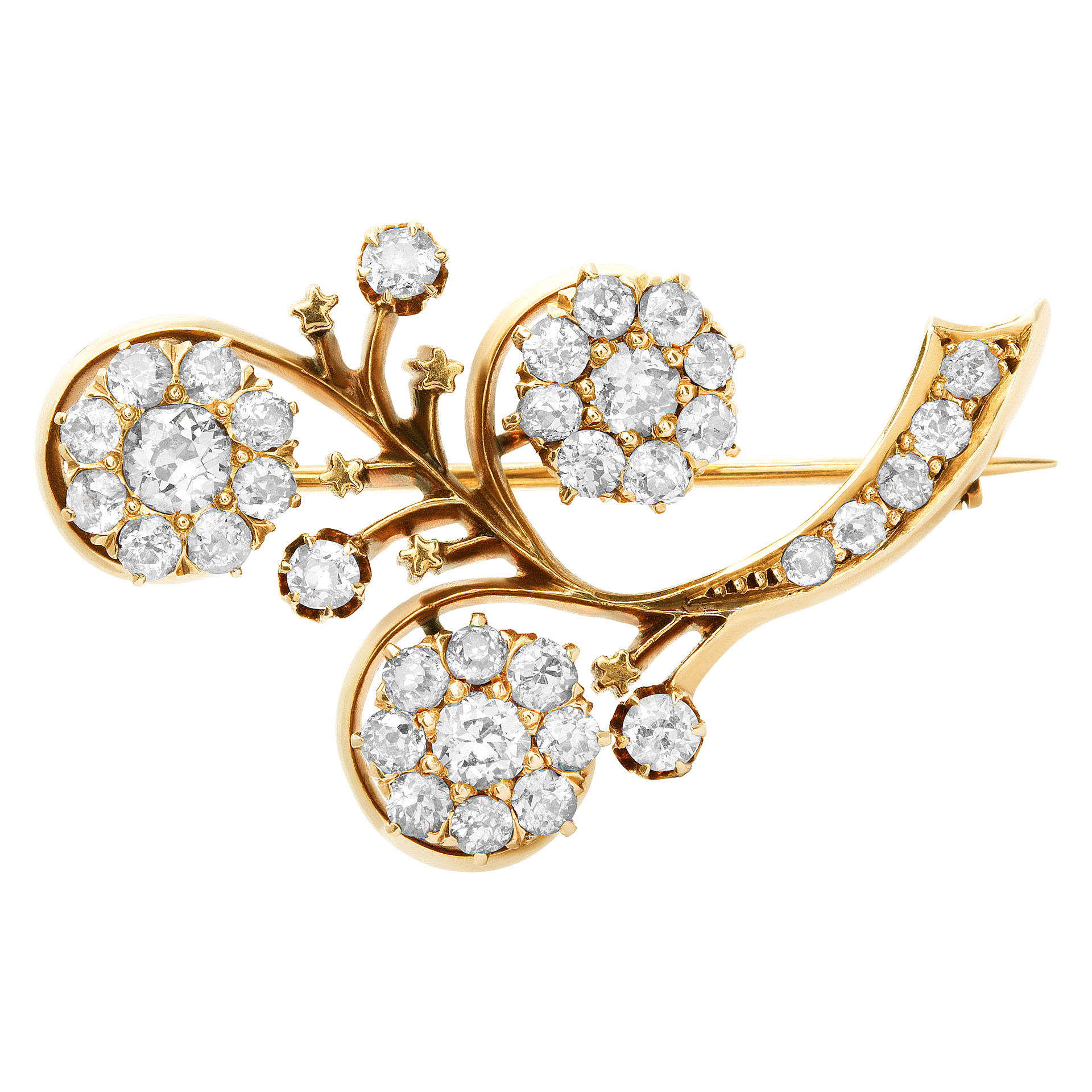 Antique Edwardian flowers and stars pin in 14k with over 3 carats in diamonds