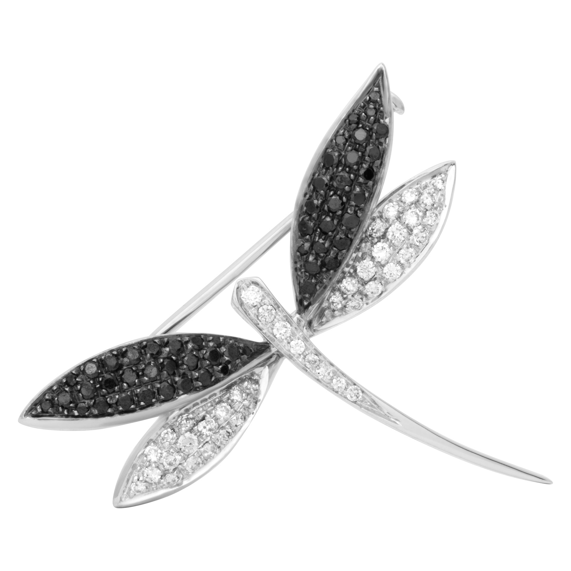 Dragonfly pin in 18k white gold with apptox. 0.60 ct in white diamonds and 0.80 ct in black diamonds